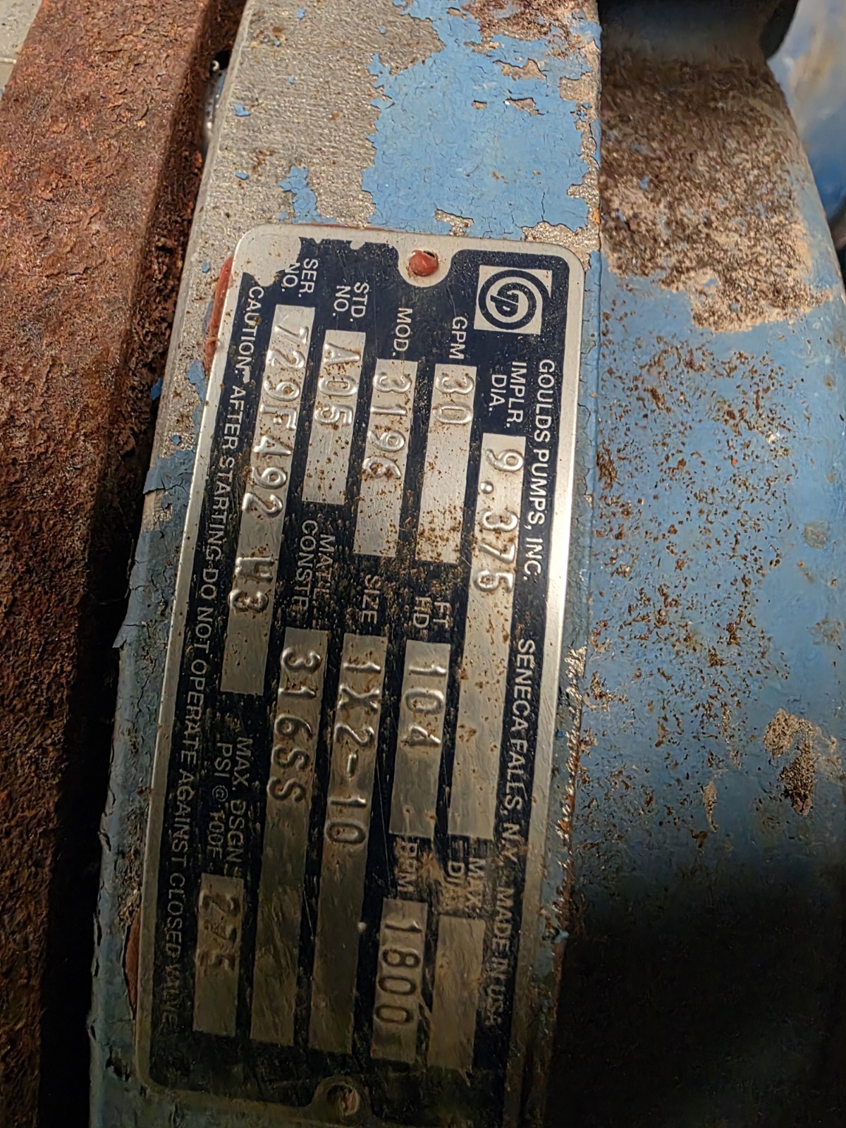 Goulds 3196 MTX Pump 1×2-10 316SS Installed But Never Ran