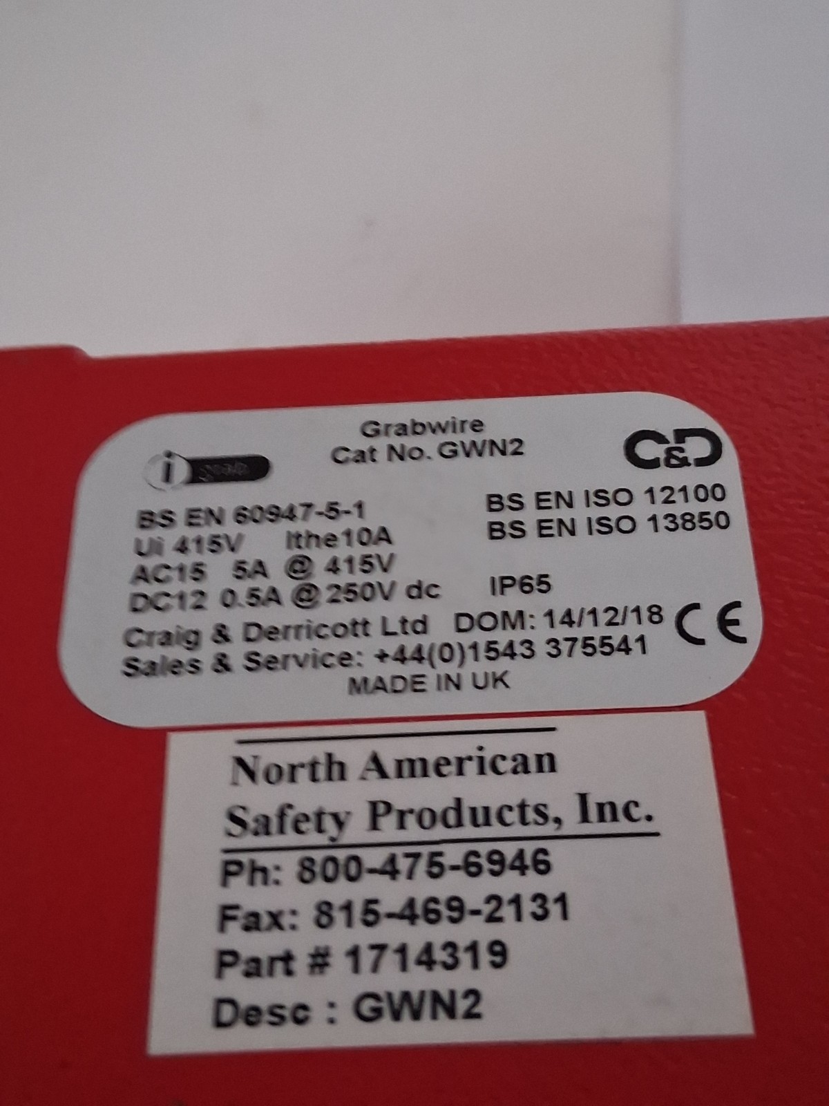 CRAIG & DERRICOTT GWN2 ROPE PULL SWITCH 214.5MM STRAIGHT 2NO/2NC W/CABLE NNB