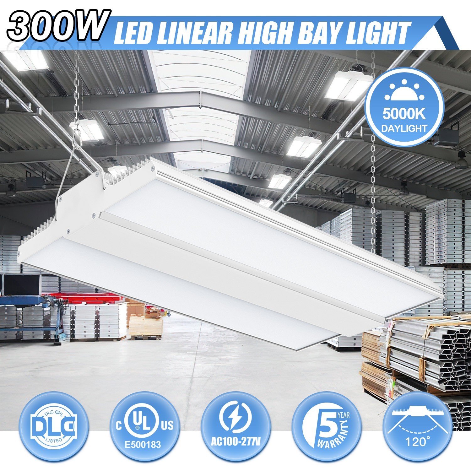 300W LED Linear High Bay Light Fixture 45,000LM Warehouse Shop Garage Lamp 1.8FT