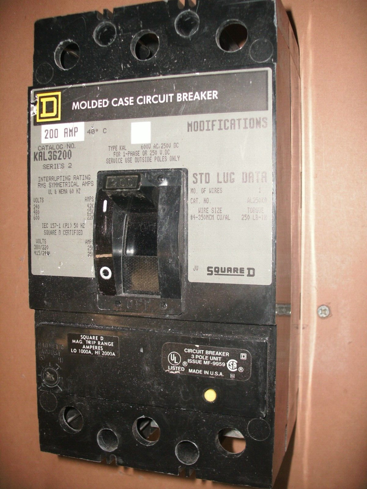 SQUARE D KAL36200 200A 3 POLE 600V CIRCUIT BREAKER CONTINUITY TESTED – 4 AVAIL