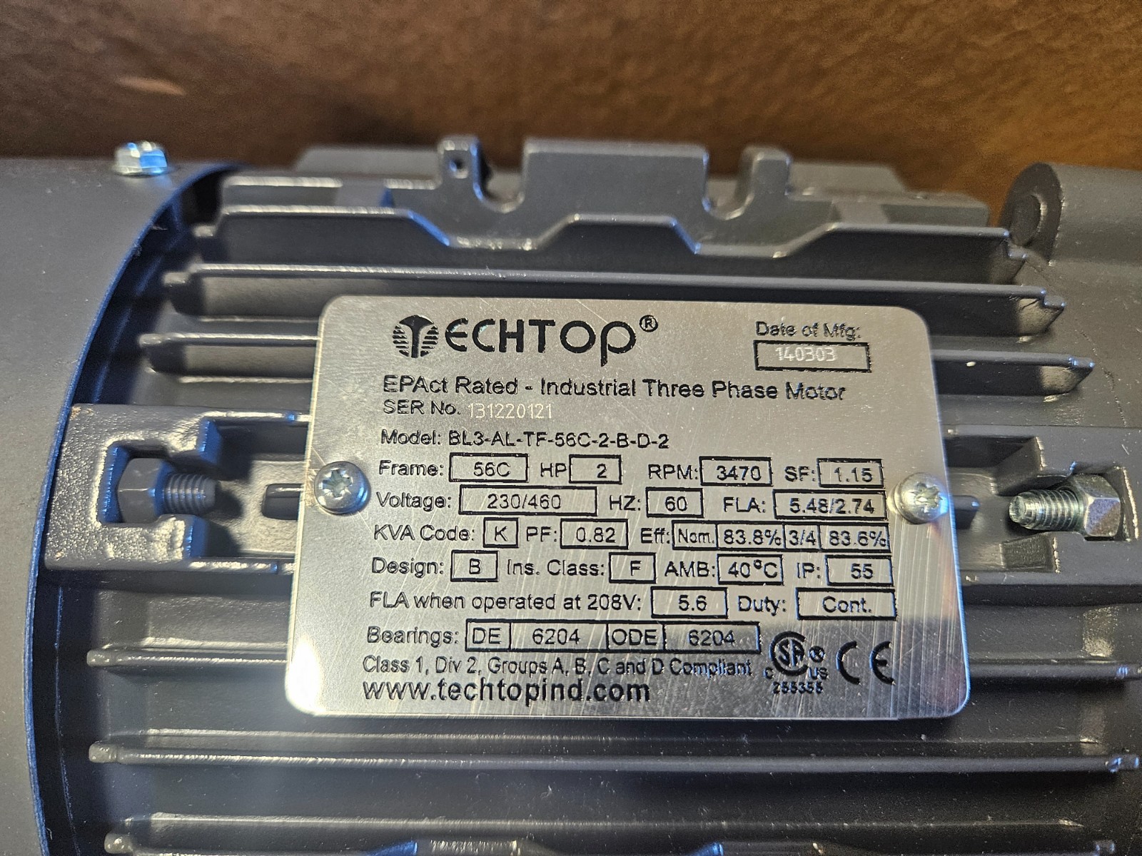 TECHTOP BL3-AL-TF-56C-2-B-D-2 Electric Motor 56C Frame 2PH TEFC 3450 RPM **NEW**