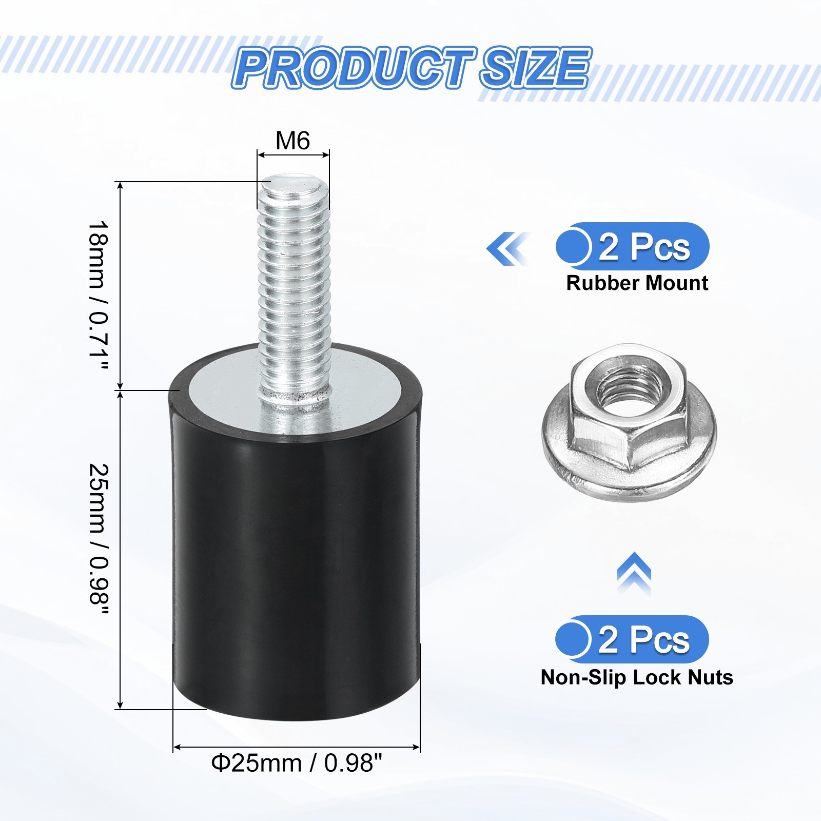2Pcs M6 Rubber Mounts, Vibration Isolators with Studs 25 x 25mm with Nuts
