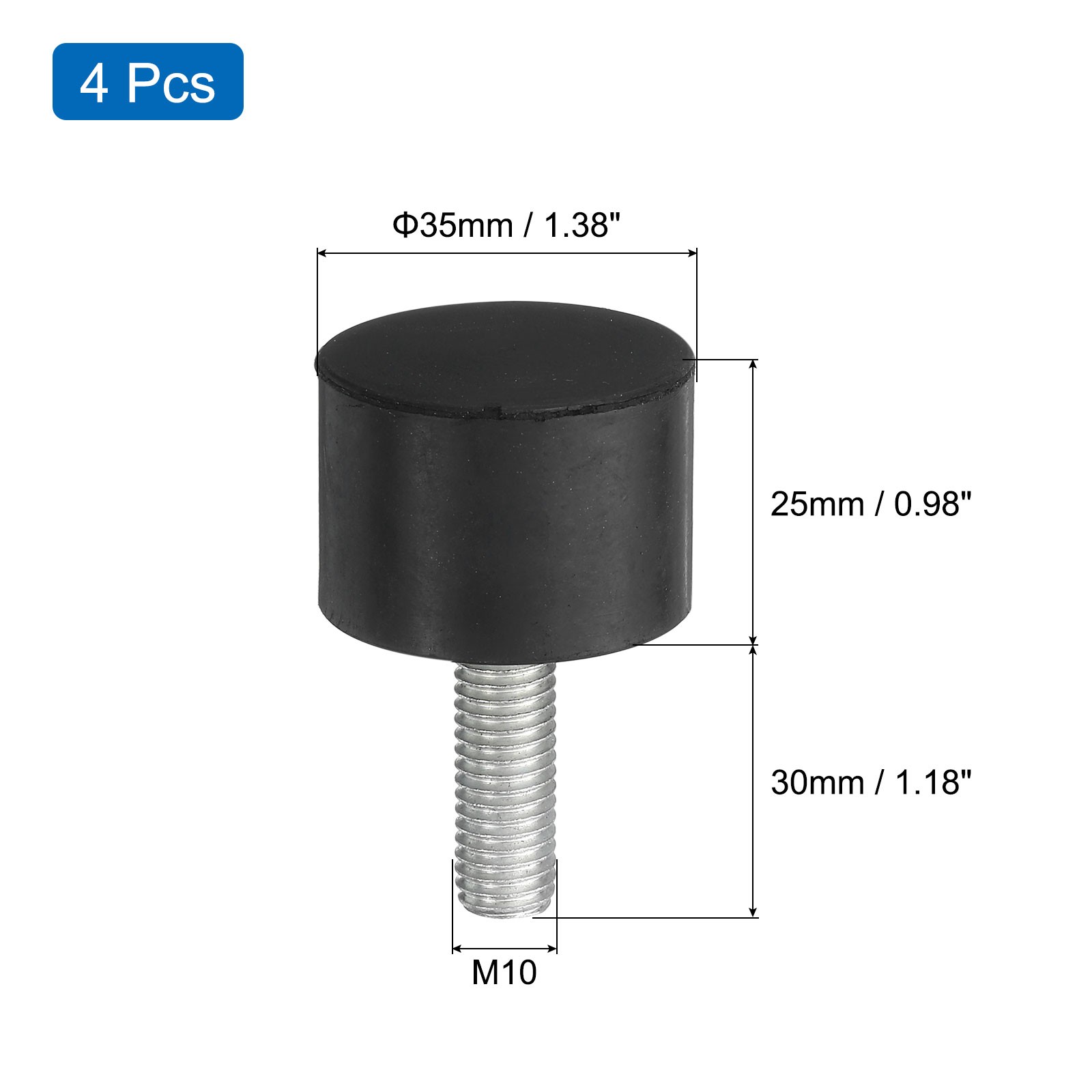 4Pcs Thread Levelling Feet, 1.38″x0.98″ with M10x30mm Studs, Black