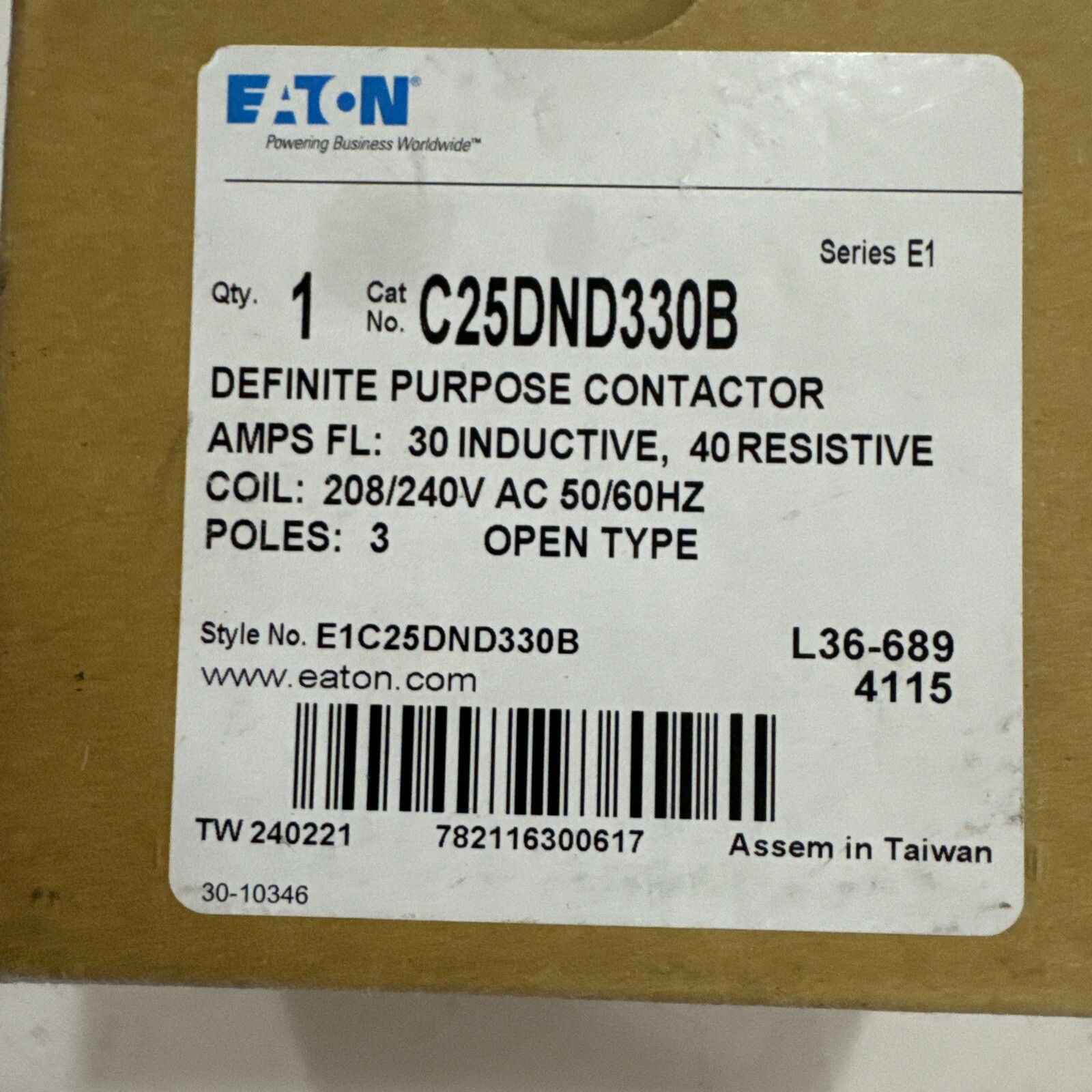EATON C25DND330B DEFINITE PURPOSE CONTACTOR New E21