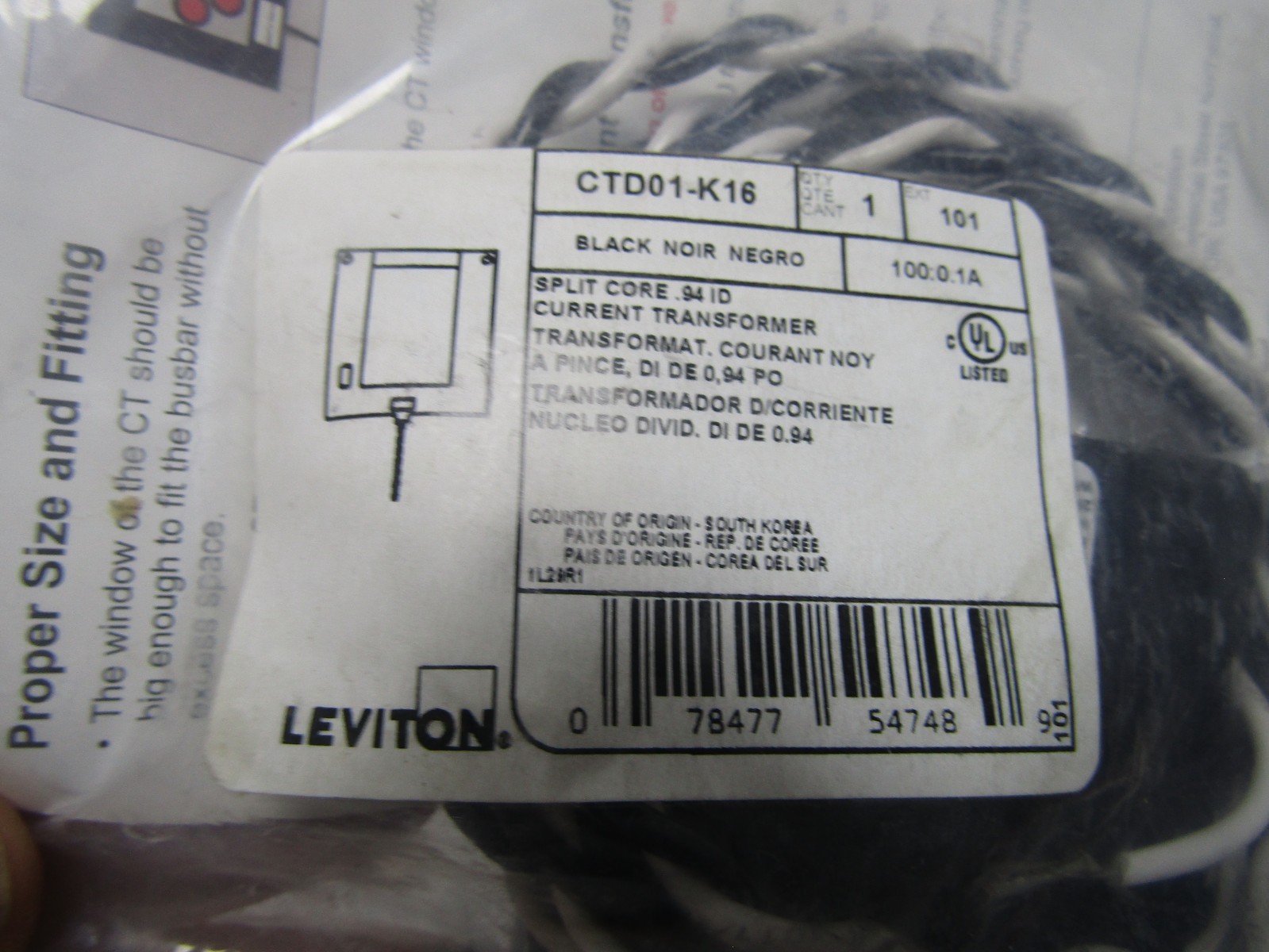 ✌️NEW LEVITON CTD01-K16 100:0.1A 600V BLACK SPLIT CORE CURRENT TRANSFORMER