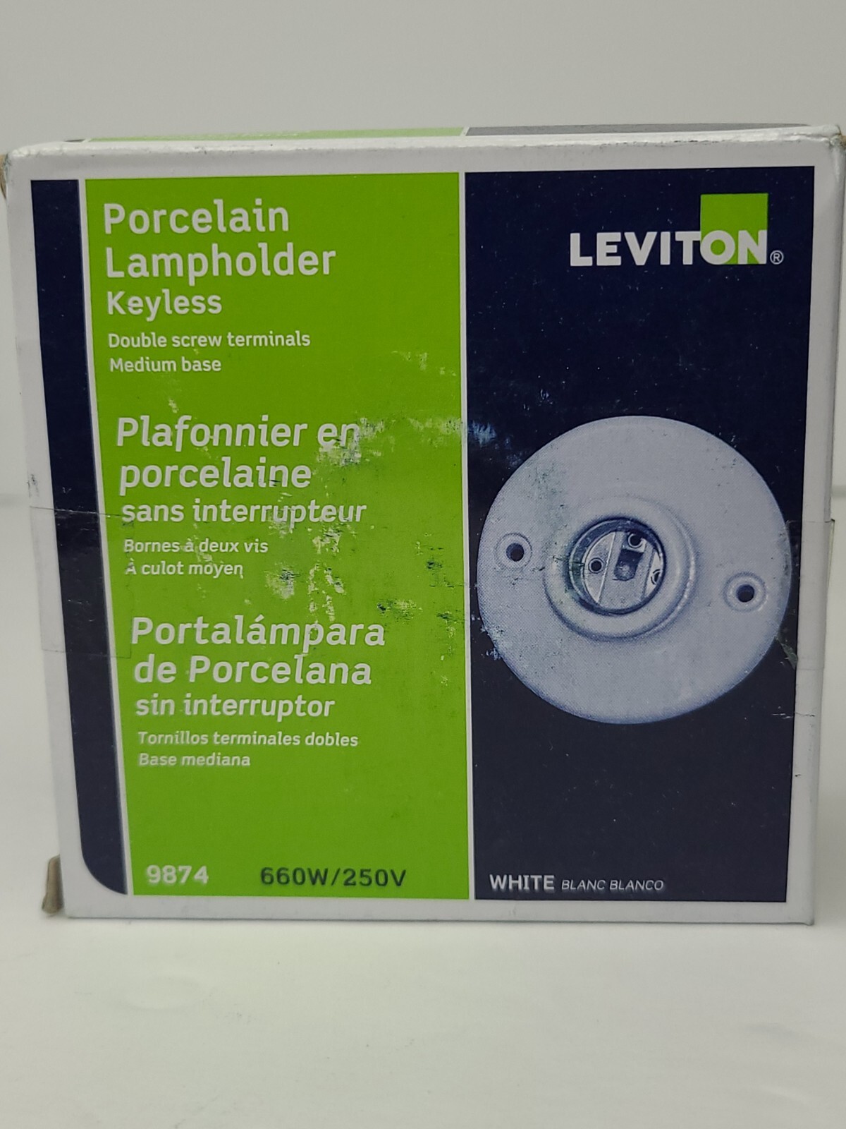 Leviton 9874 Medium Base One-Piece Glazed Porcelain Outlet Box Mount New