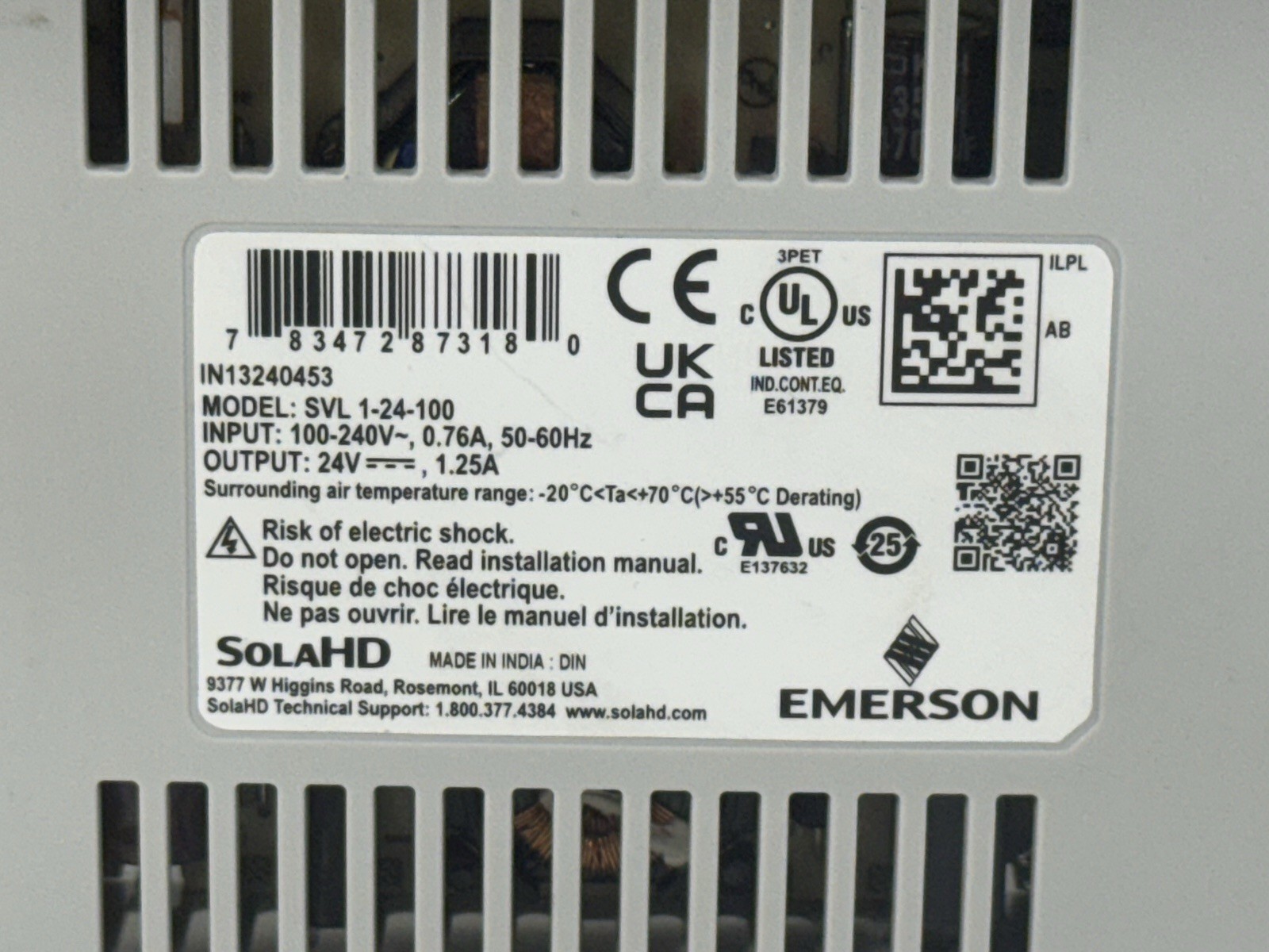 Emerson Sola HD SVL 1-24-100 Power Supply – 24V 1.25A NEC Class 2