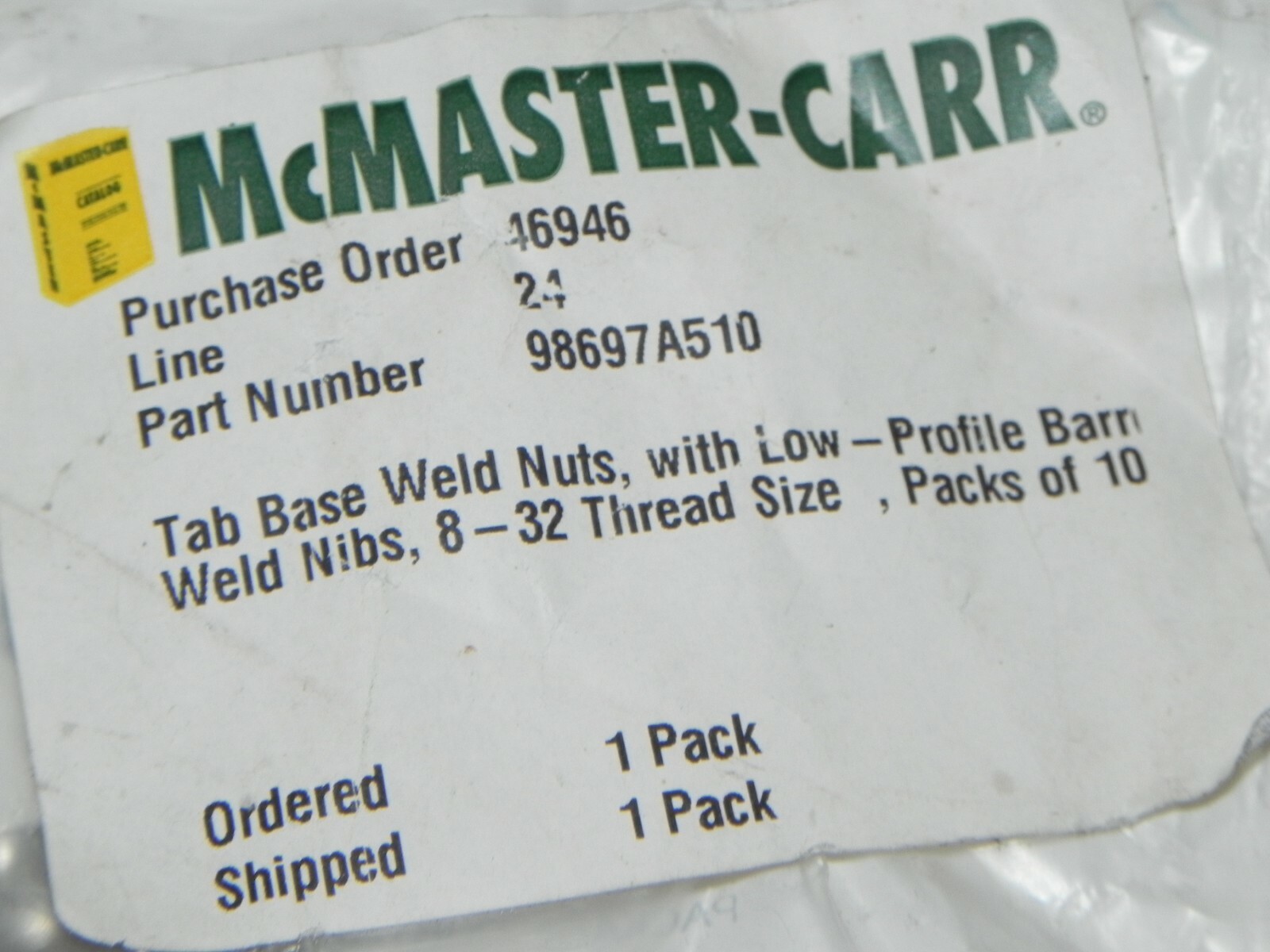 Pack of McMaster-Carr Weld nuts #98697A510..10 in pack, Low profile 8-32 thread