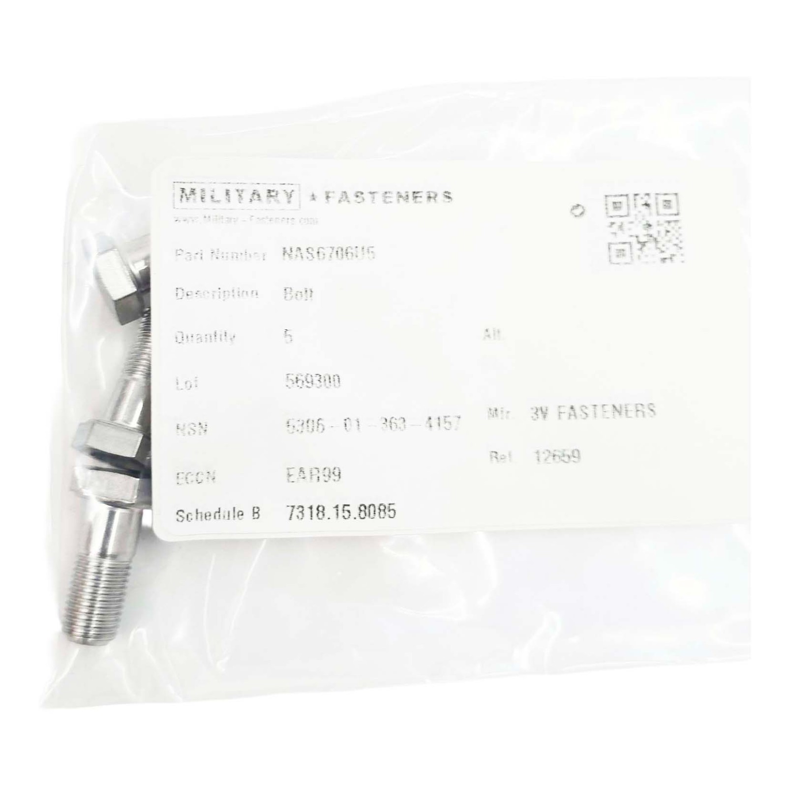 5 PACK – NAS6706U5 Bolt Close Tolerance – length 57/64″ Thread: 3/8-24