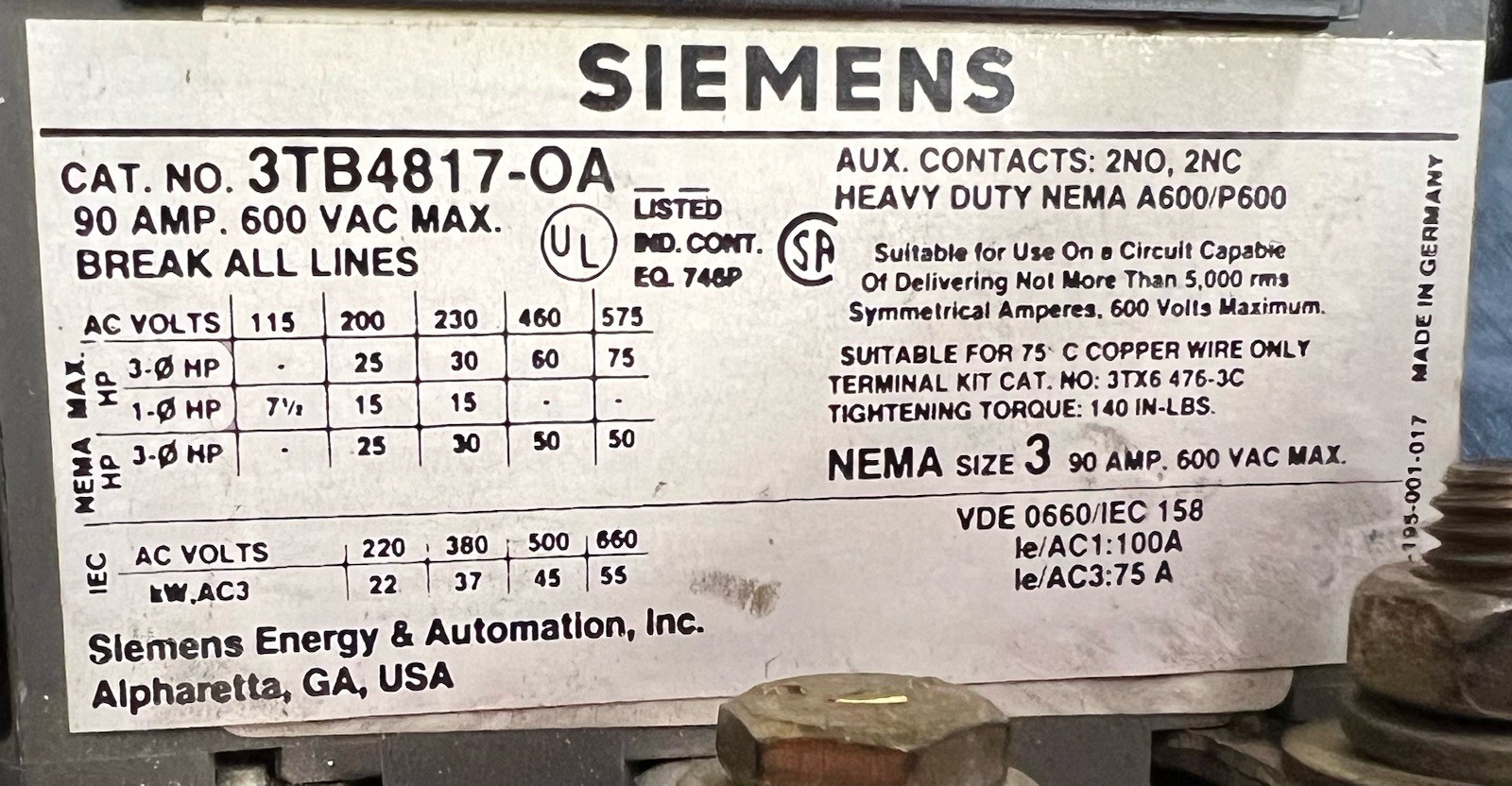 SIEMENS 3TB4817-OA SIZE 3 STARTER 90AMP 600VAC W/ 3TB48 COIL. Box 211