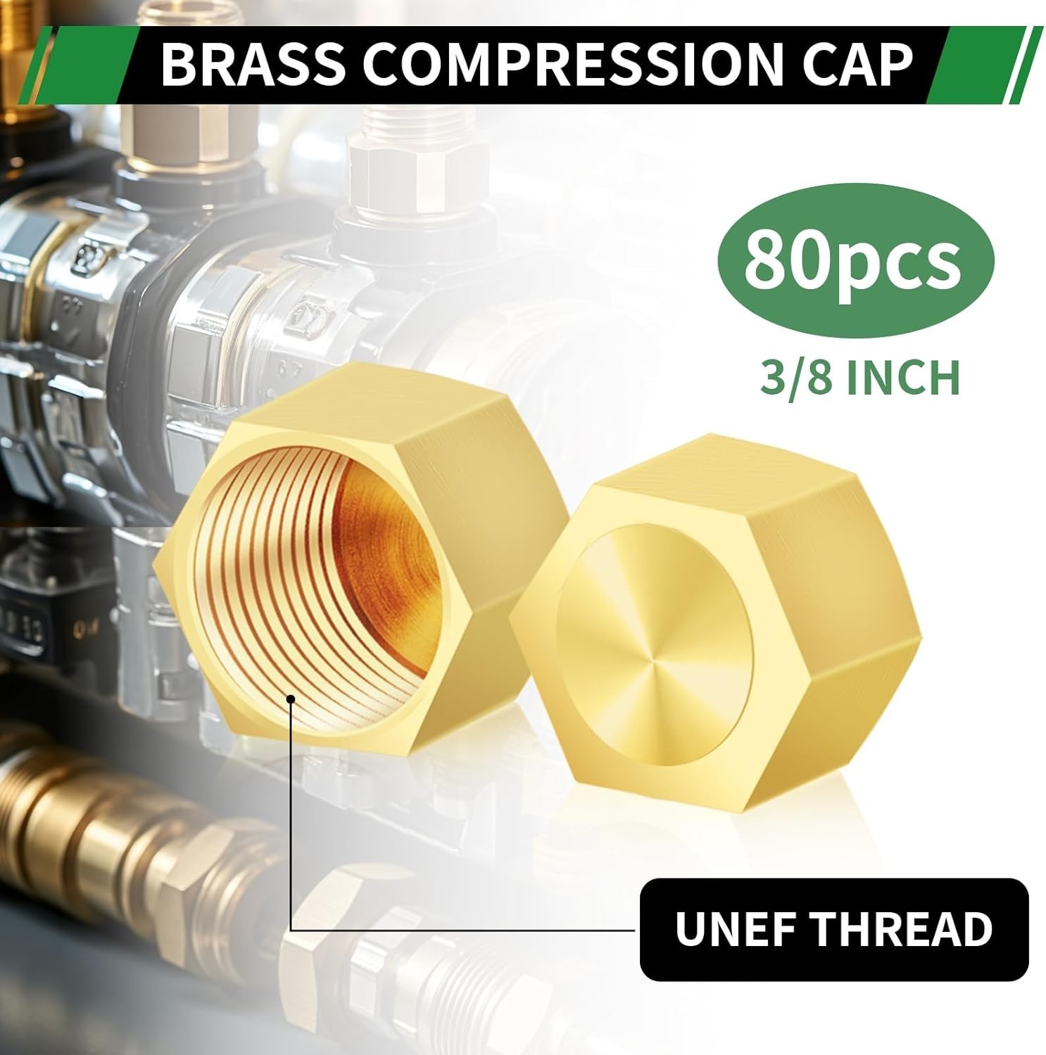 3/8″ Compression Cap, 80pcs Brass Compression Fittings Hex UNEF Thread Stop V…