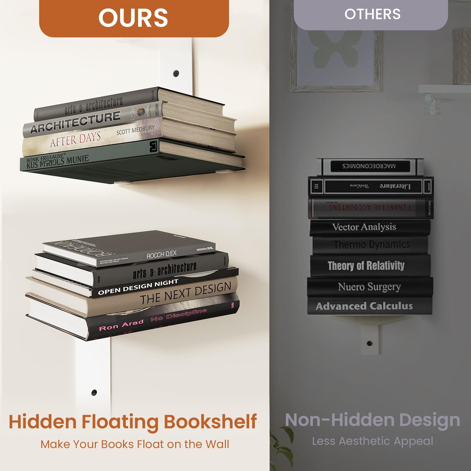 Wawocs Invisible Bookshelf for Wall, 4 Tier Floating 4 TIER(2 PACK), White