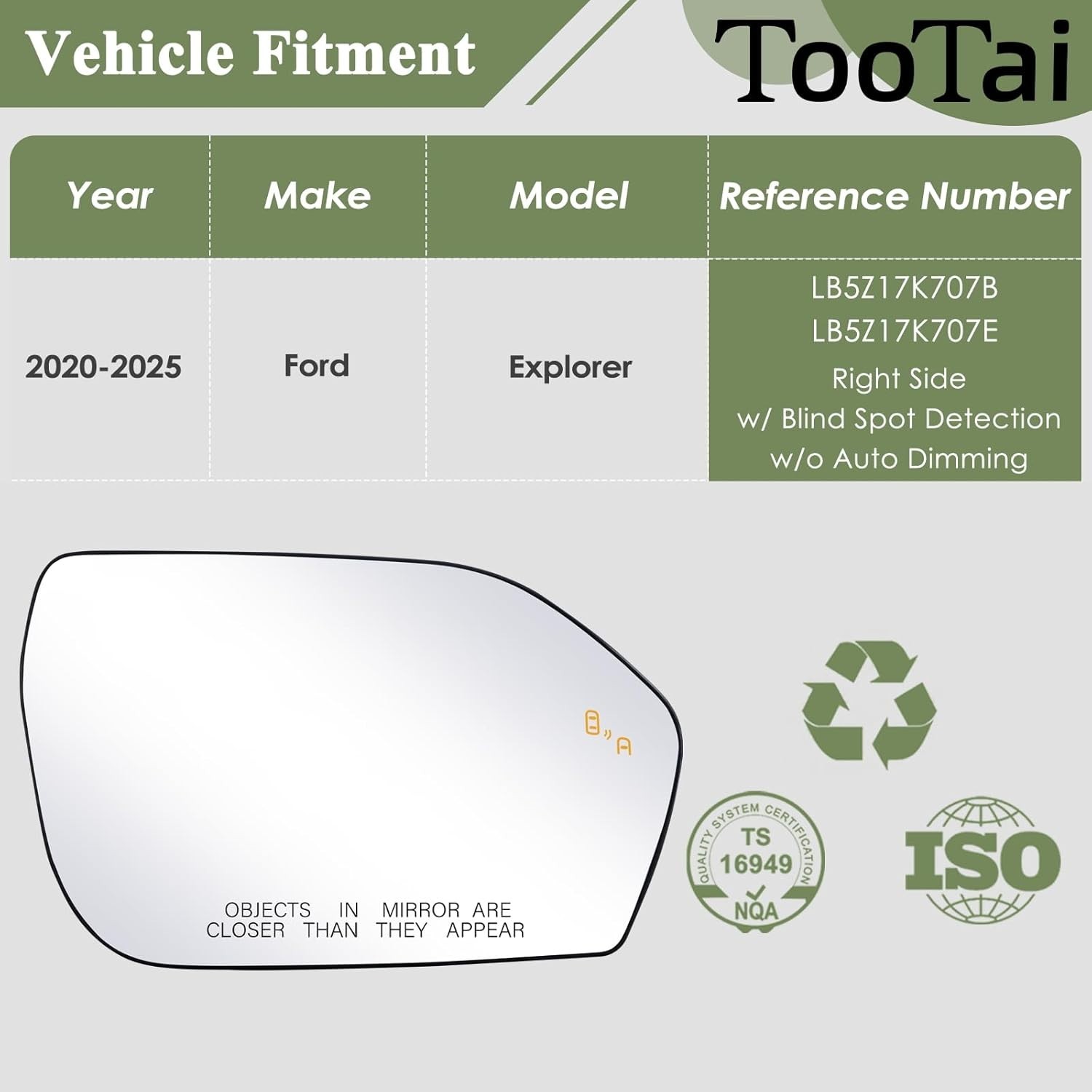 RH Mirror Glass Ford Explorer 2020-2025 Heated Blind Spot LB5Z17K707B (71 ký tự)