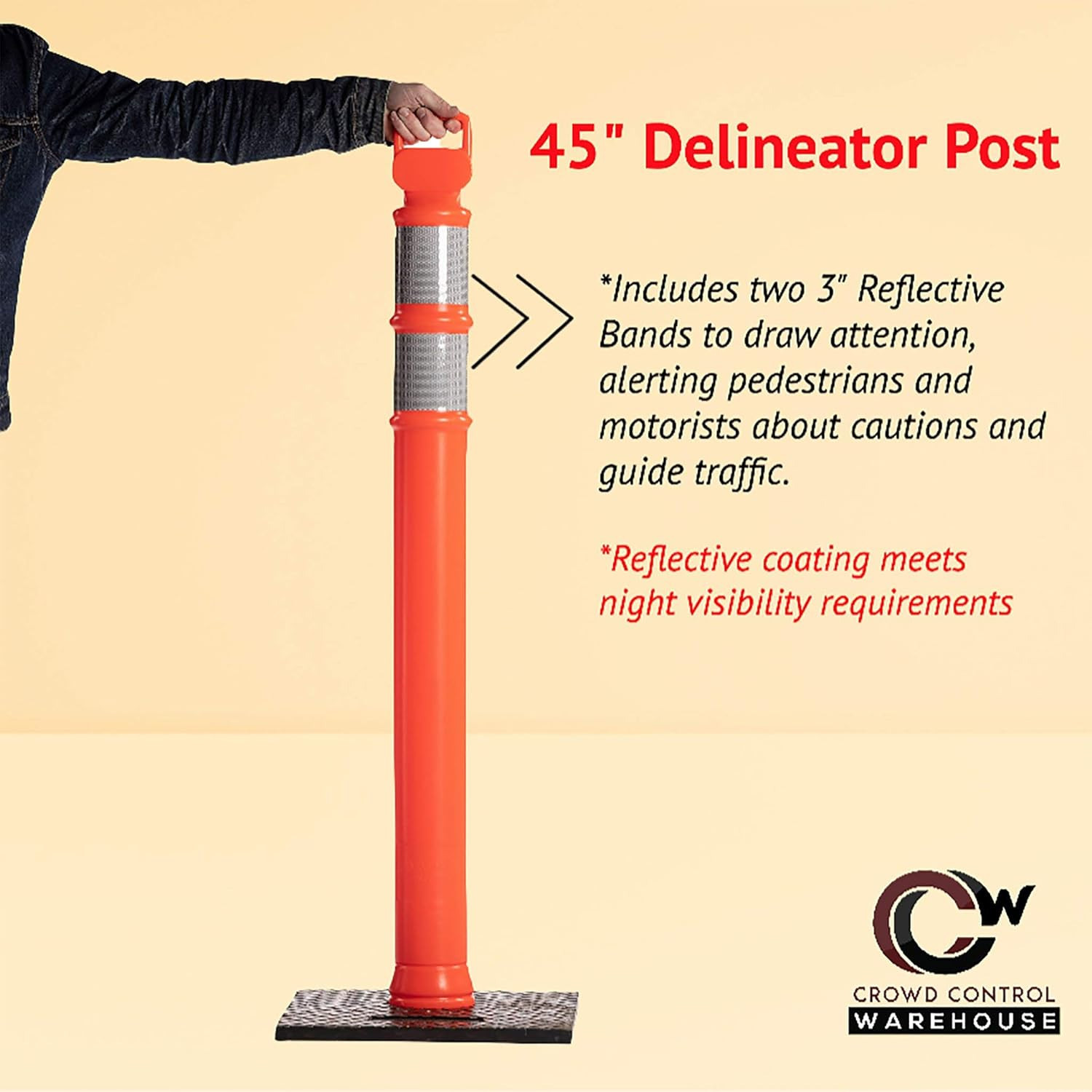 Set of 2 Reflective 45″ Delineator Posts with Removable Rubber Base – Black