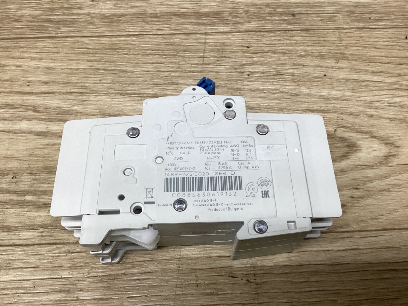 ALLEN BRADLEY CIRCUIT BREAKER 1489-M2C020 SER D 2 POLE 480Y/277V 2A #08F114PR6