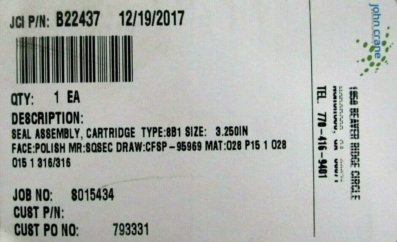 NEW JOHN CRANE B22437 SEAL ASSEMBLY TYPE 8B1 SIZE 3.250″