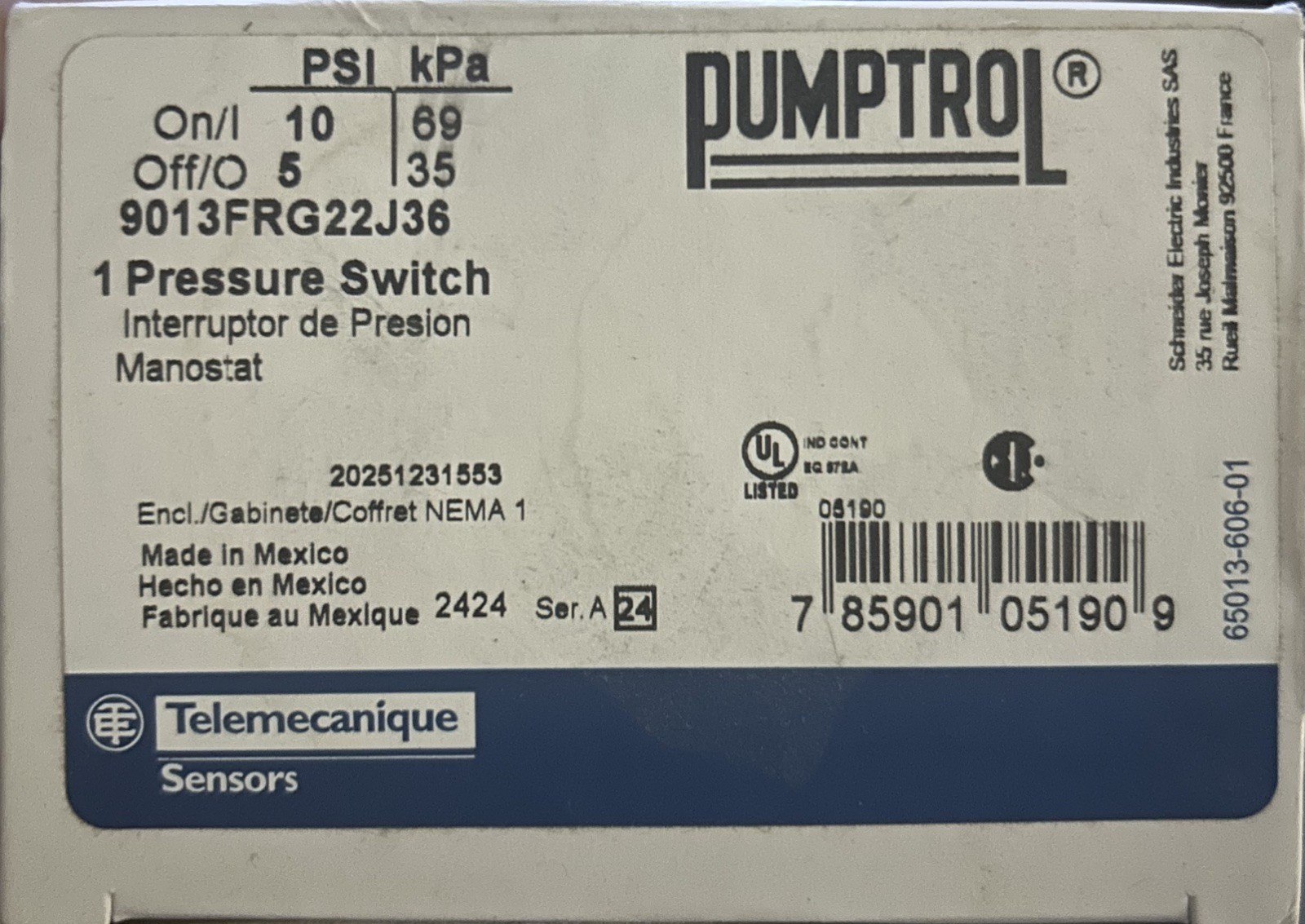 Clearance Sale!! Case of 12, 10/5 Telemecanique Pressure Switches 9013FRG