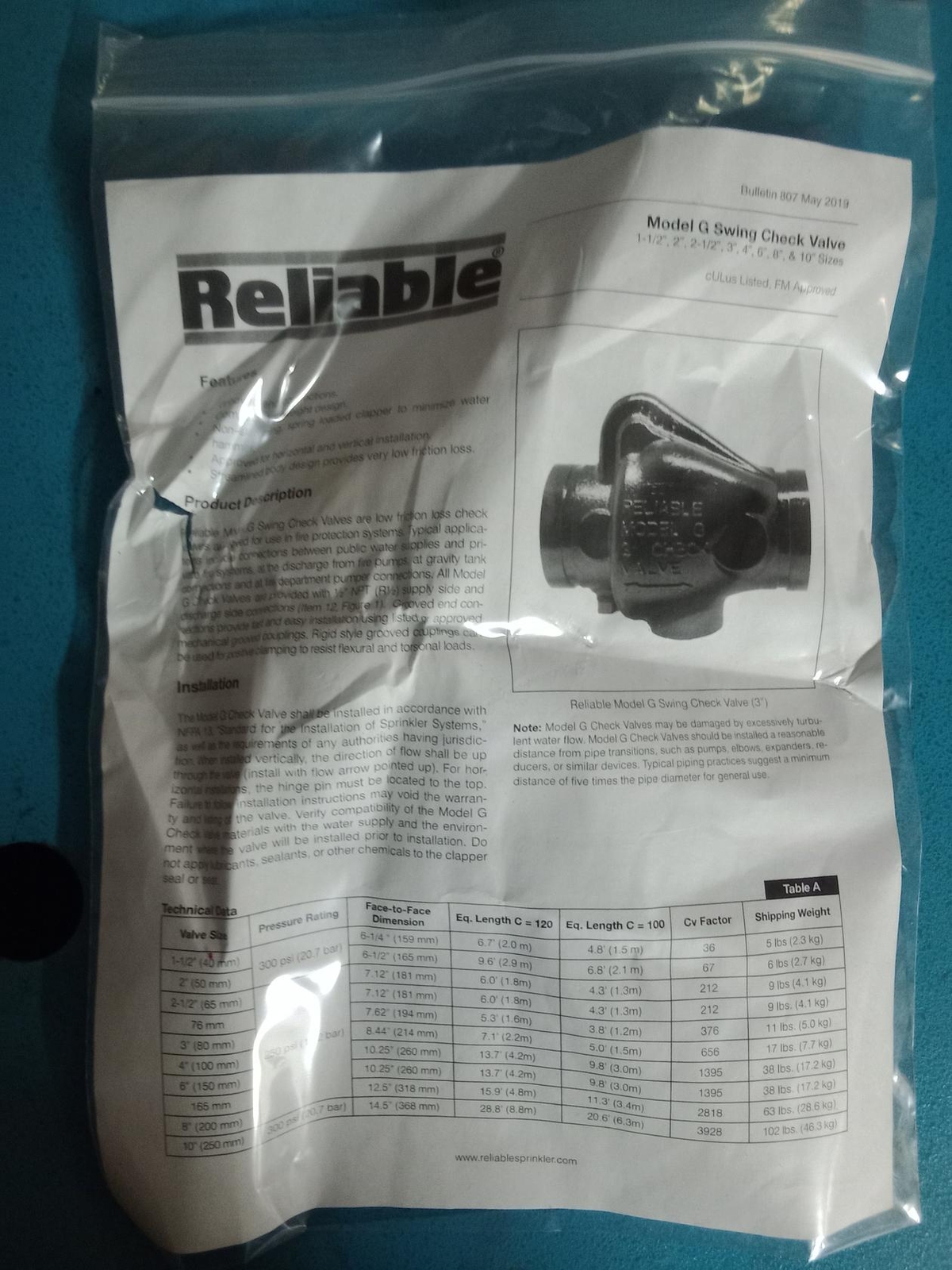 Reliable – 6107080010 – Model G – 8″ Swing Check Valve -NEW