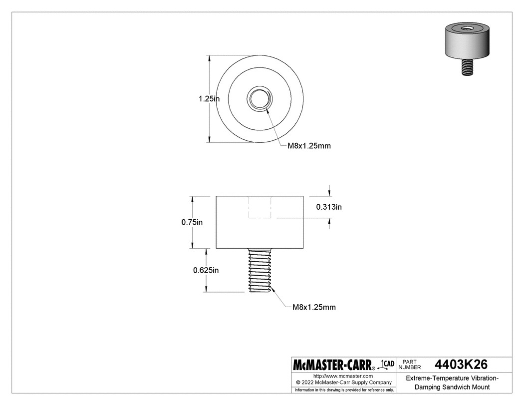 (240) McMaster 4403K26 Vibration Isolator Stud Insert Sandwich Mount M8 x 1.25mm