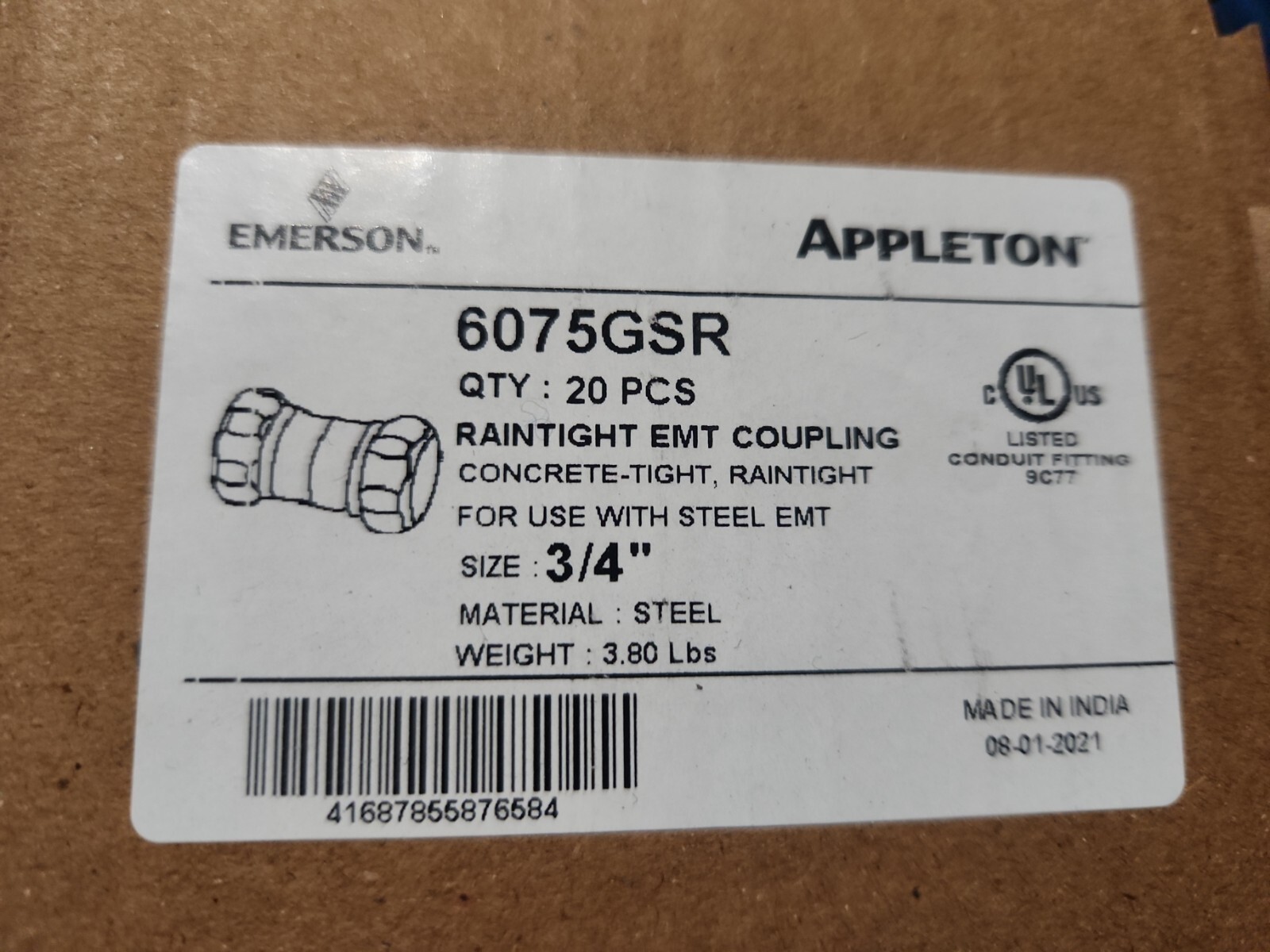 (Box of 20) Emerson Appleton 6075GSR 3/4” Raintight EMT Coupling