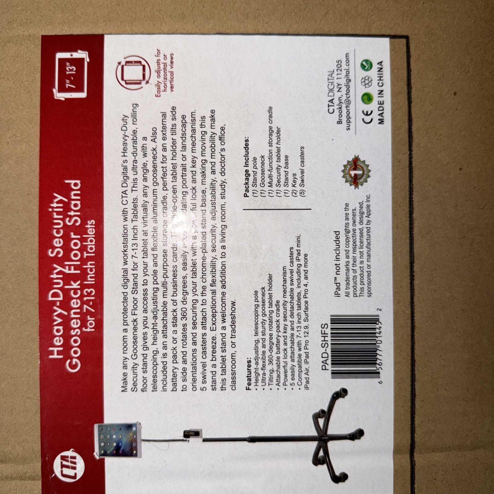 PAD-SHFS – CTA – HEAVY DUTY SECURITY GOOSENECK FLR STAND FOR 7-13″ TABLETS – NEW