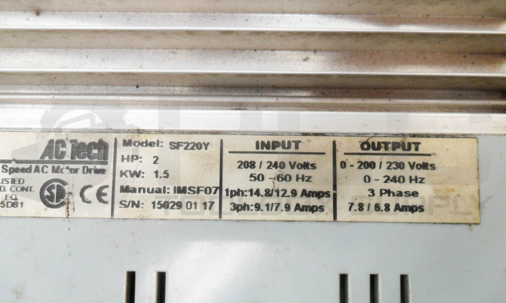 AC TECH SF220Y VARIABLE SPEED AC MOTOR DRIVE 2HP 208-240V 50/60HZ 14.8A