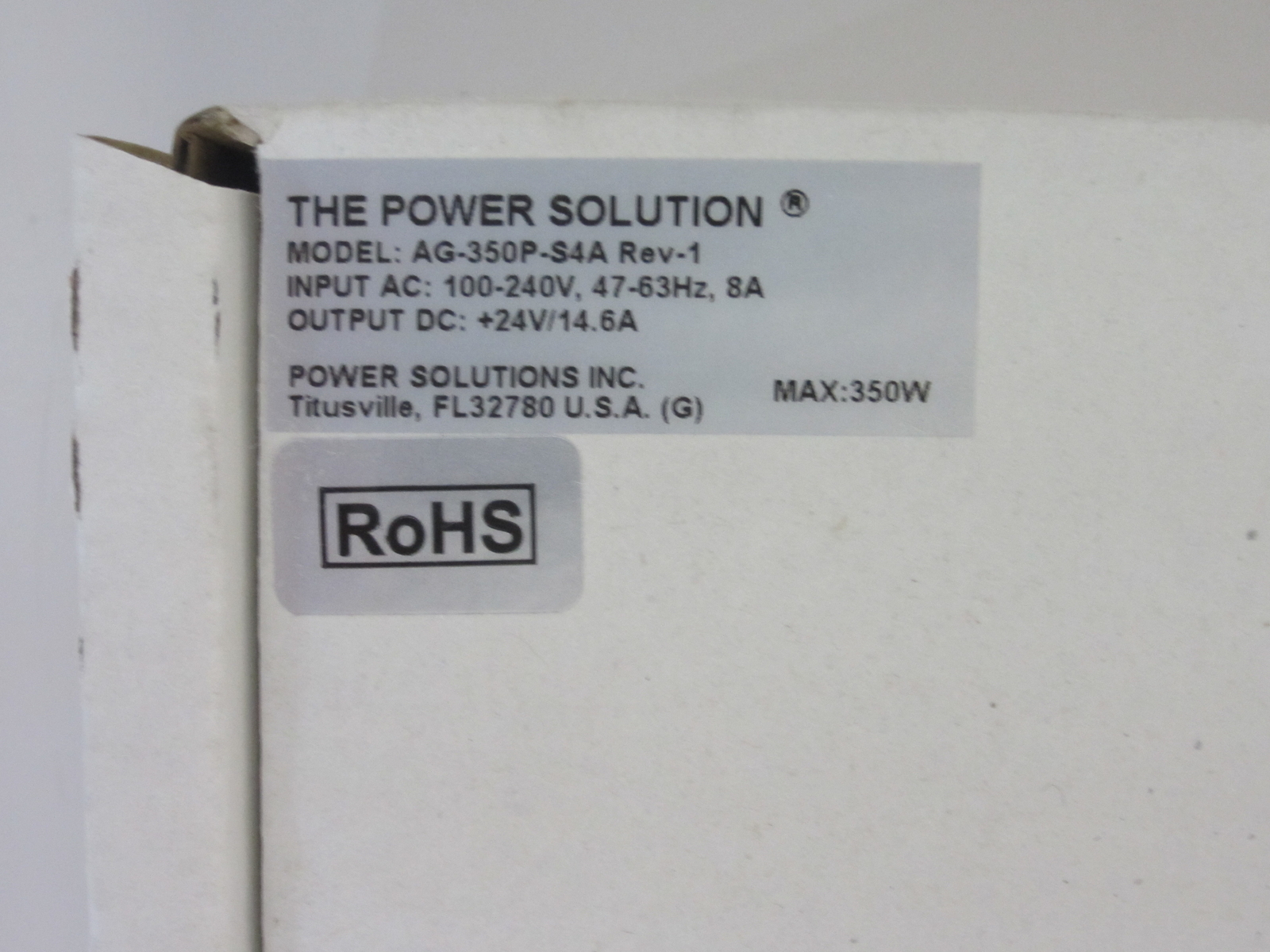 POWER SOLUTIONS INC. AG-350P-S4A POWER SUPPLY 350 WATTS PFC-A 24VDC/14.5A