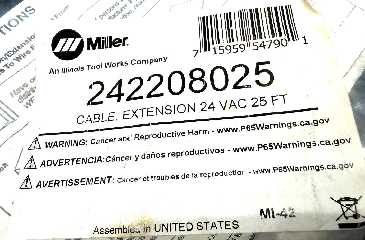 NEW MILLER 242208025 EXTENSION CABLE 24 VAC 25FT