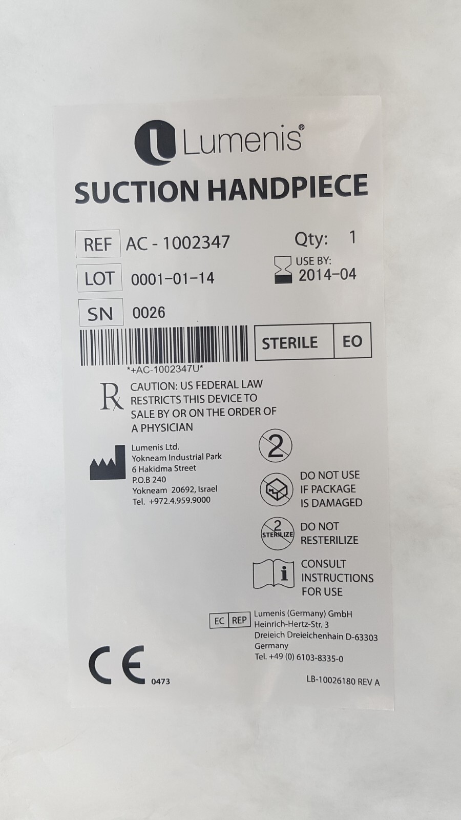 LUMENIS SUCTION HANDPIECE AC-1002347