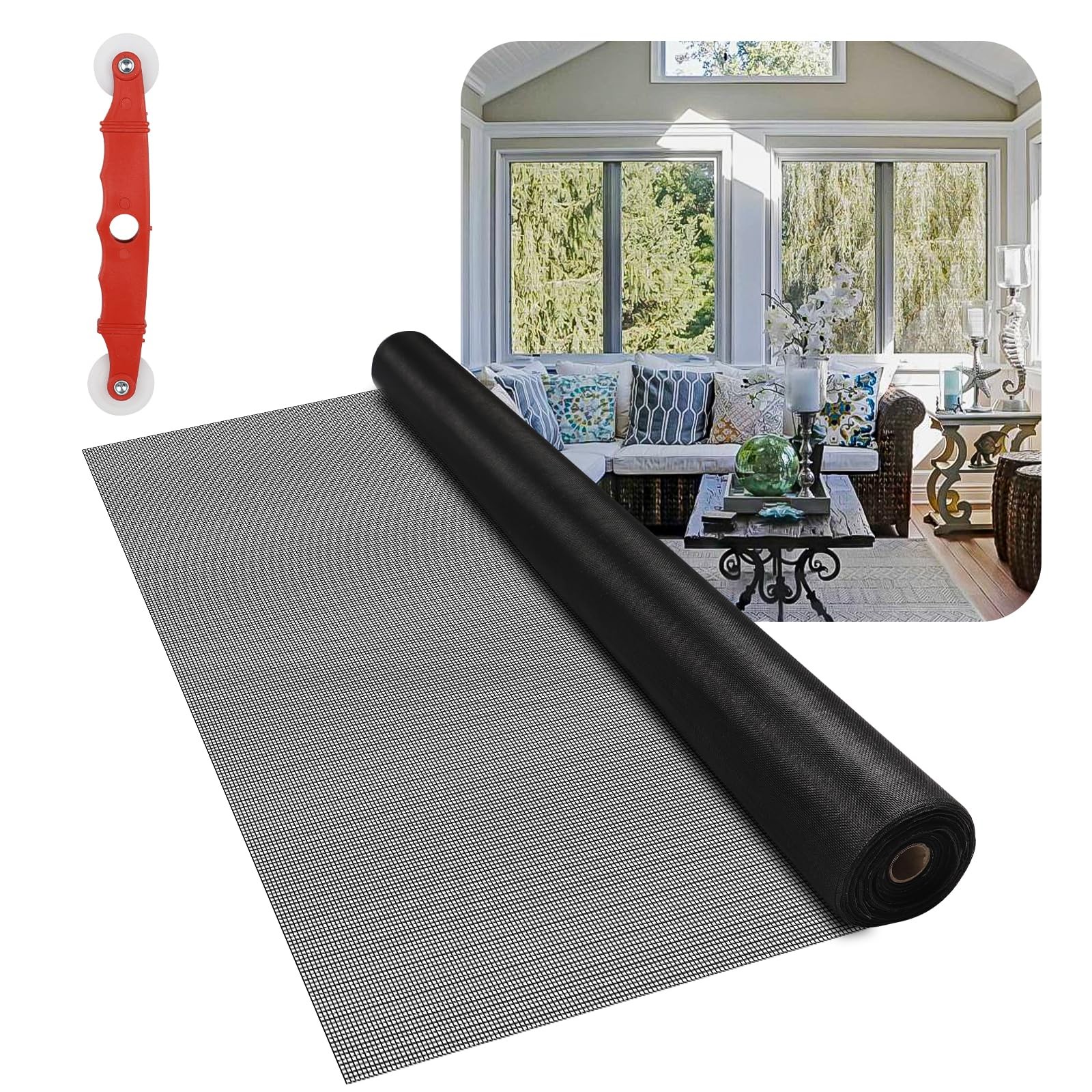 Fiberglass Window Screen Mesh Roll – 36″x100′, Easy-to-Cut 36” x 100’, Black
