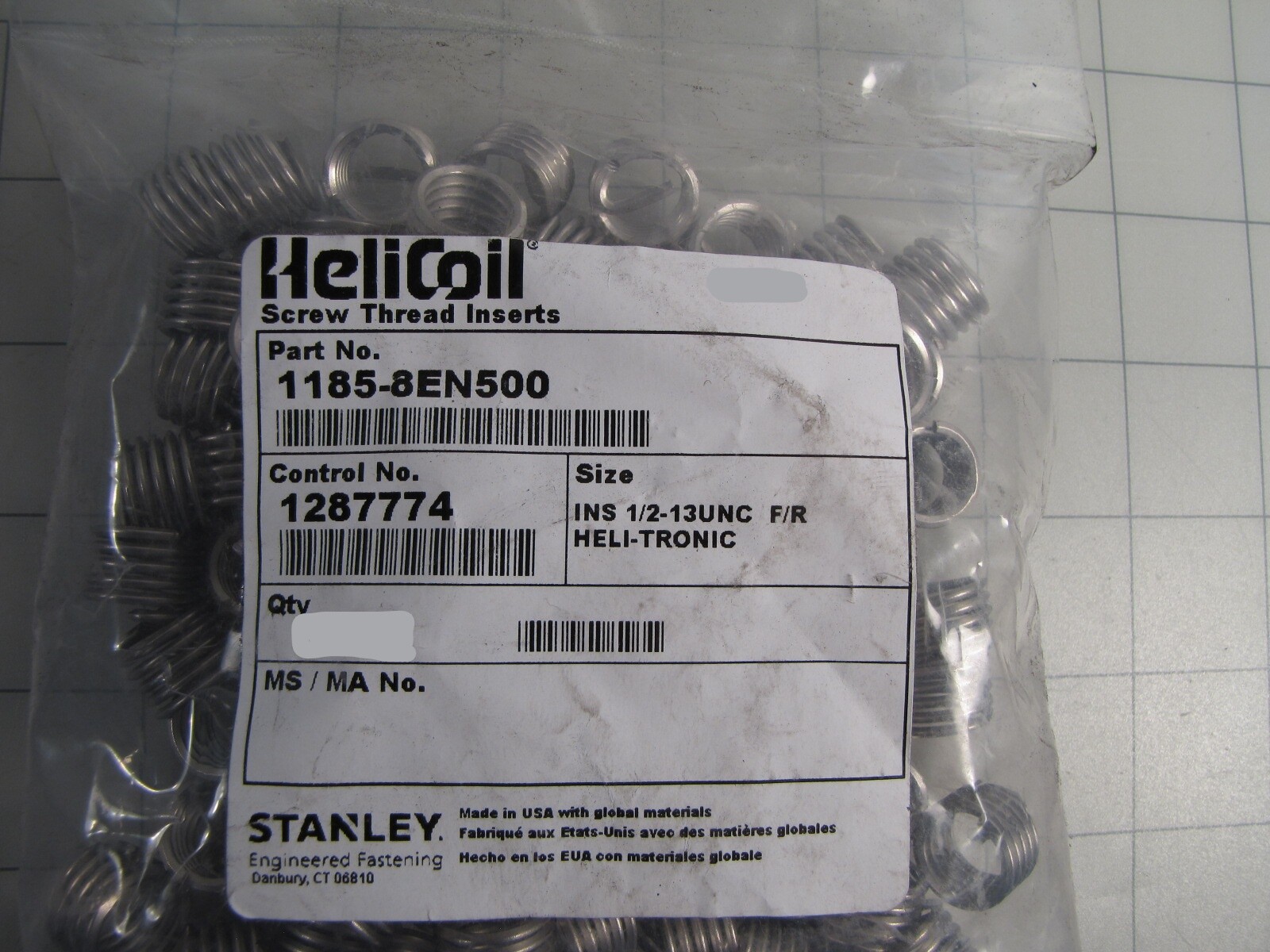 25pk Stanley Helicoil 1185-8EN500 1/2-13 UNC Free Running Heli-Tronic Insert NEW