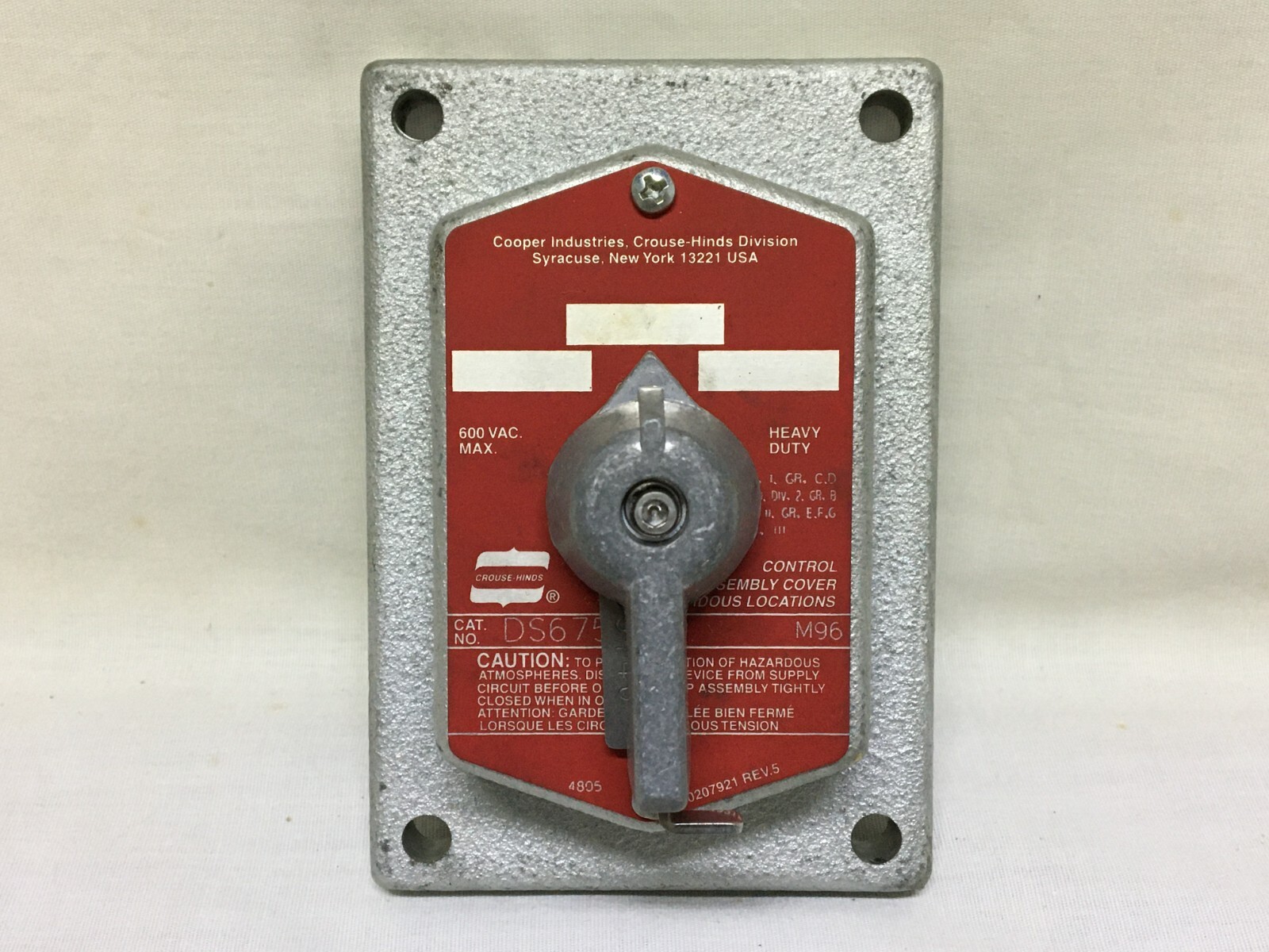 Crouse Hinds DS675 Explosion Proof Front Operate Selector Switch Cover (#20475)