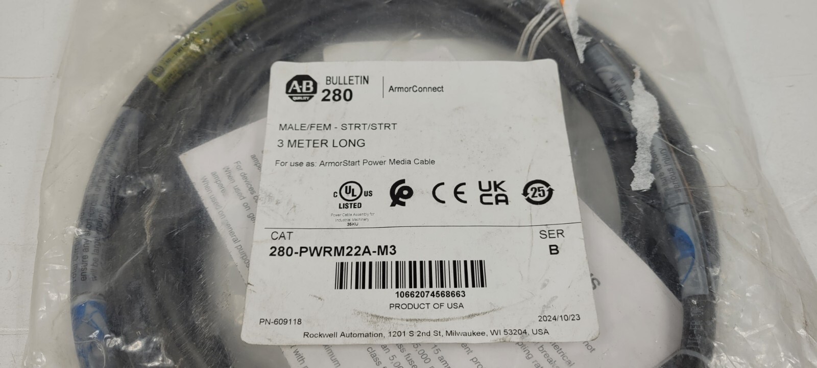 Allen Bradley 280-PWRM22A-M3 ArmorConnect Male/Female Cable 3M