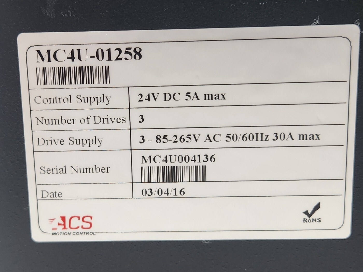 ACS MOTION CONTROL DC-HP Power Supply MC4U-01258 (As-Is)