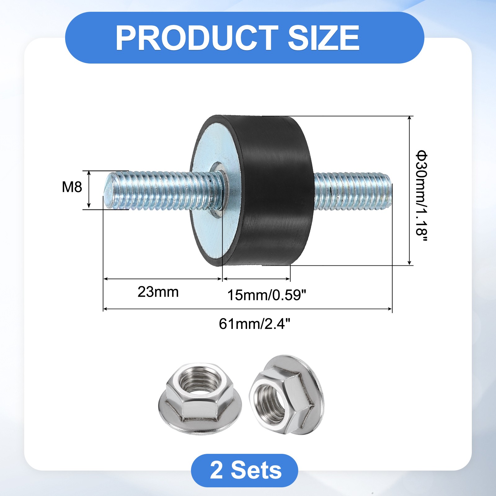 2Pcs M8 x 23mm Rubber Mounts, 15 x 30mm Rubber Vibration Isolator with Nuts