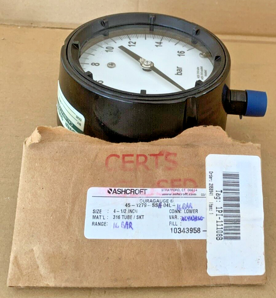 ASHCROFT DURAGAUGE Pressure Gauge 0 – 16Bar Size 4-1/2in SS Tube Made in the USA