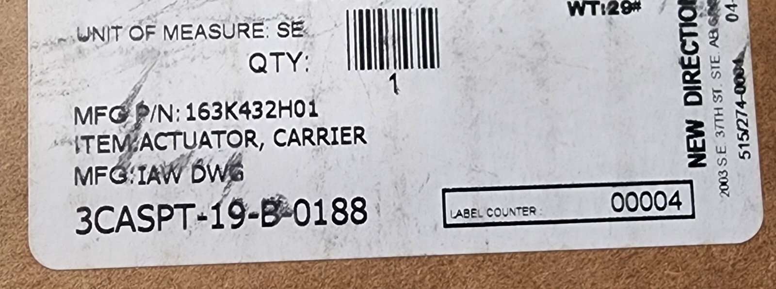 Carrier Actuator – PALETTI Part #:163K432H01 MFG:IAW DWG