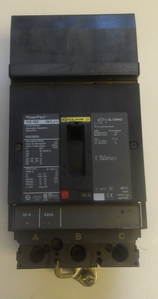 SQUARE D MOLDED CASE CIRCUIT BREAKER HG 060 50/60 HZ 50 AMP 3 POLE P/N HGA36050