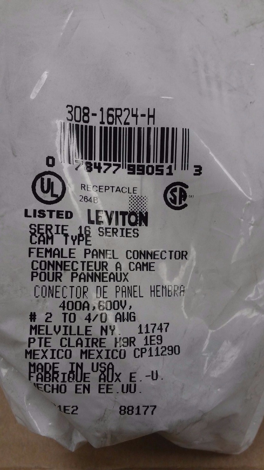LEVITON 308-16R24-H 16 Series Cam Type Female Panel Connector
