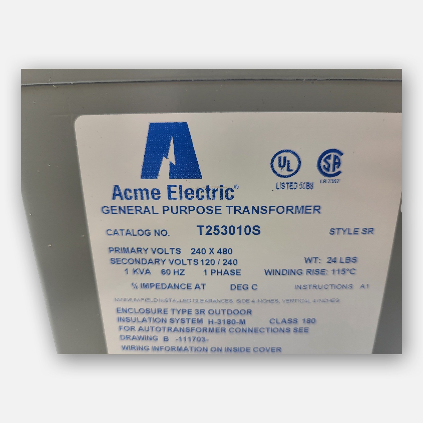 NEW ACME ELECTRIC T253010S SINGLE PHASE TRANSFORMER 1KVA 4WUA5