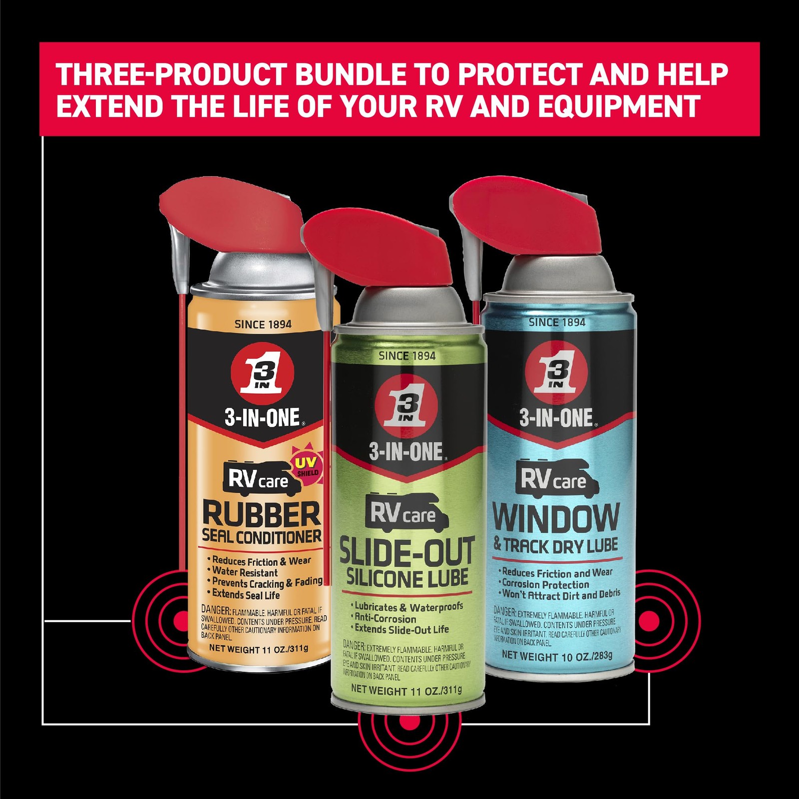 3-IN-ONE RV Care Trio Pack Slide Out Lube 11 oz Window Track 10 Rubber Seal