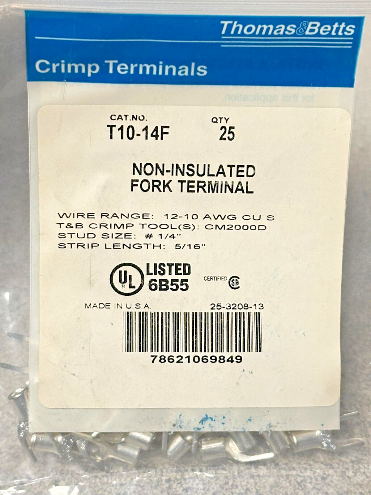 NEW 50 pack Thomas & Betts T10-14F Uninsulated Fork Terminal 12-10AWG 1/4″ Stud