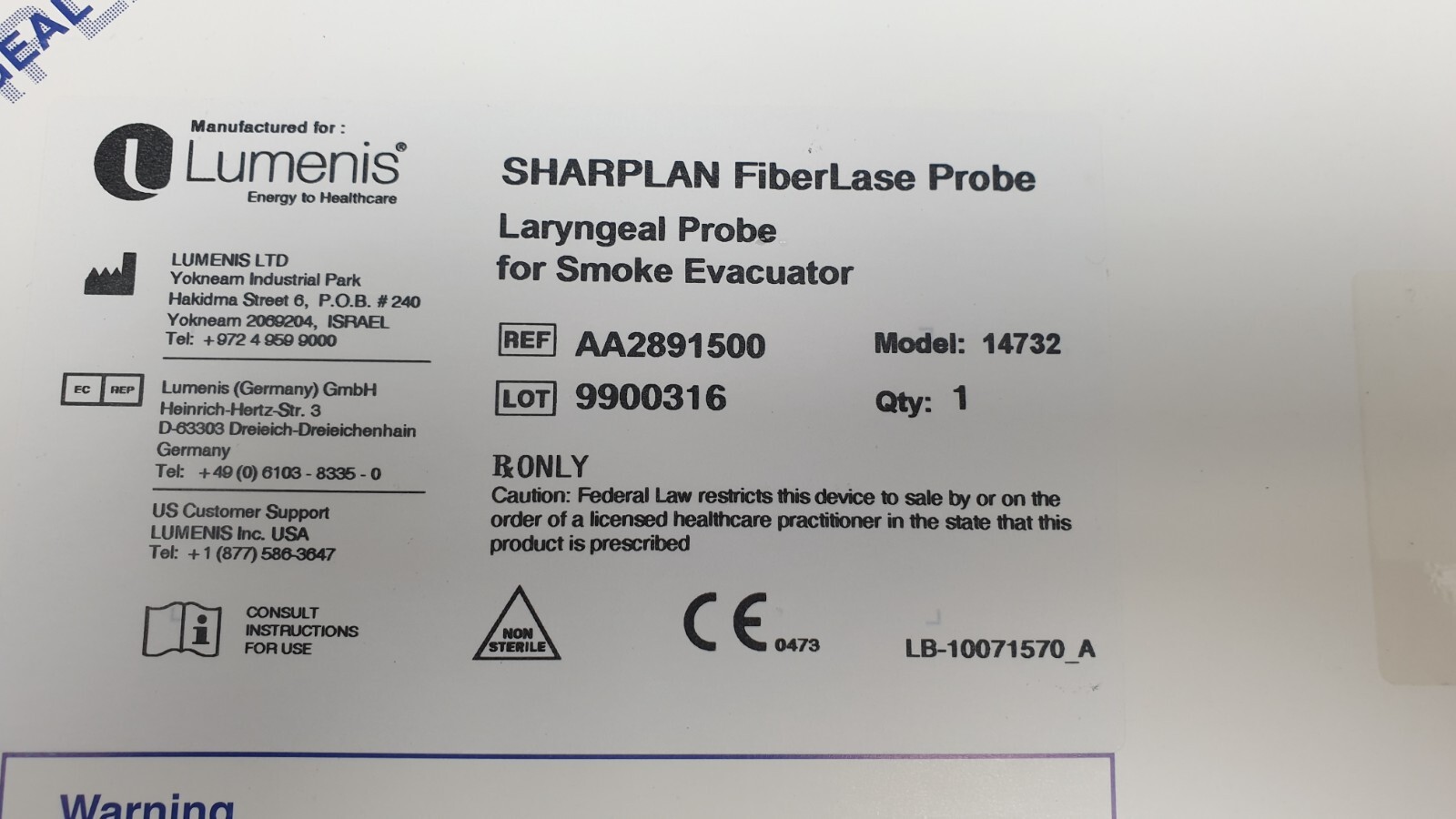 SHARPLAN FiberLase Probe Laryngeal Probe For Evacuator AA2891500, 14732