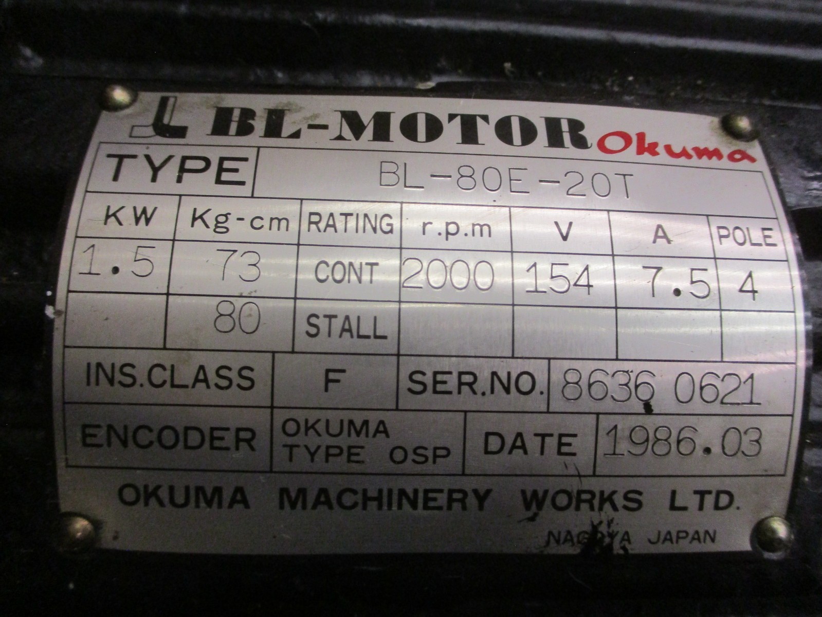 Okuma BL-Motor Type BL-80E-20T 1.5KW 73/80Kg-cm 2000RPM 154V 7.5A 53193AH