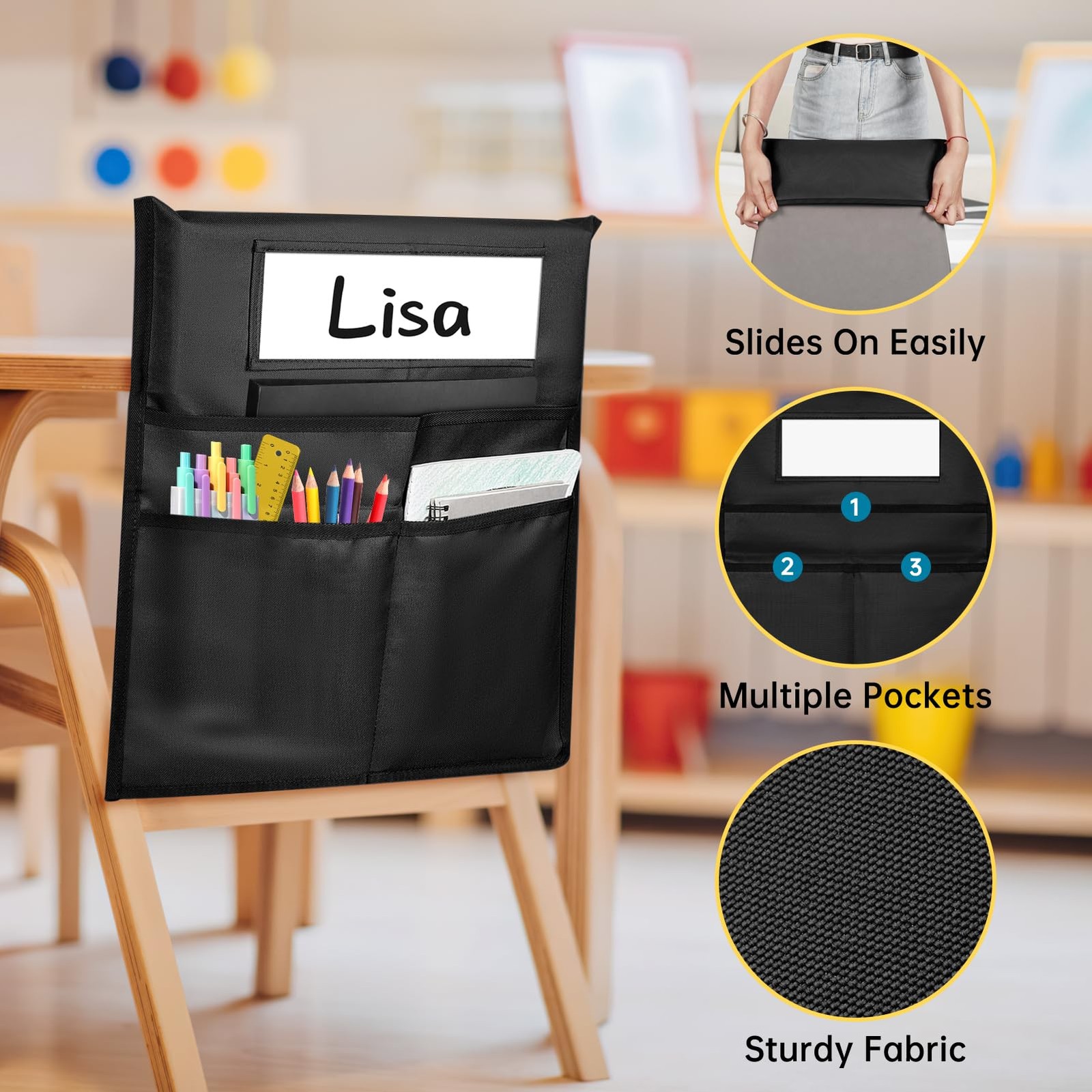 Chair Pockets for Classrooms, 16″ X 19″ Seat Classroom Black