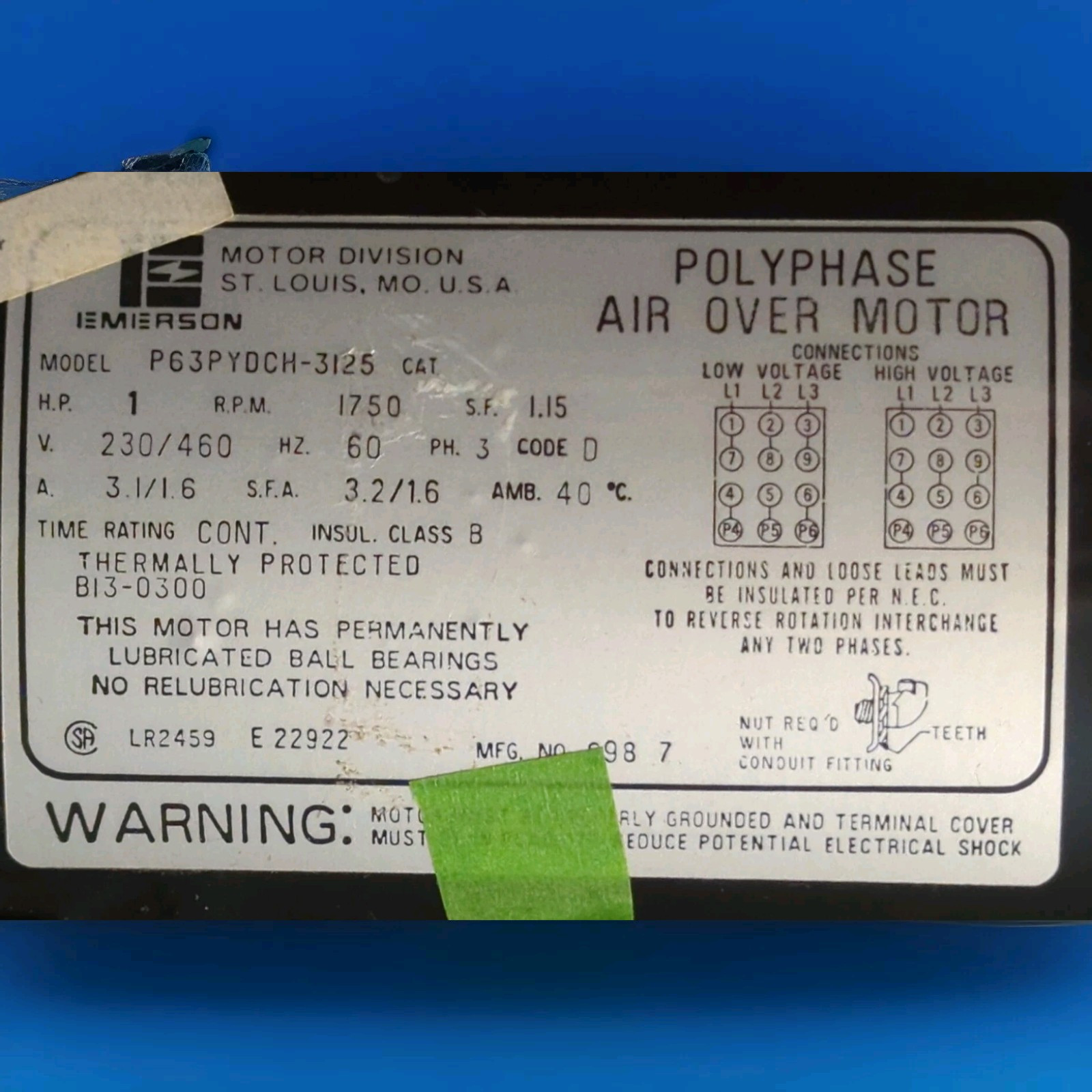 EMERSON P63PYDCH-3125 POLYPHASE AIR-OVER ELEC MOTOR 1.0 HP 1750 RPM 230/460V 3P