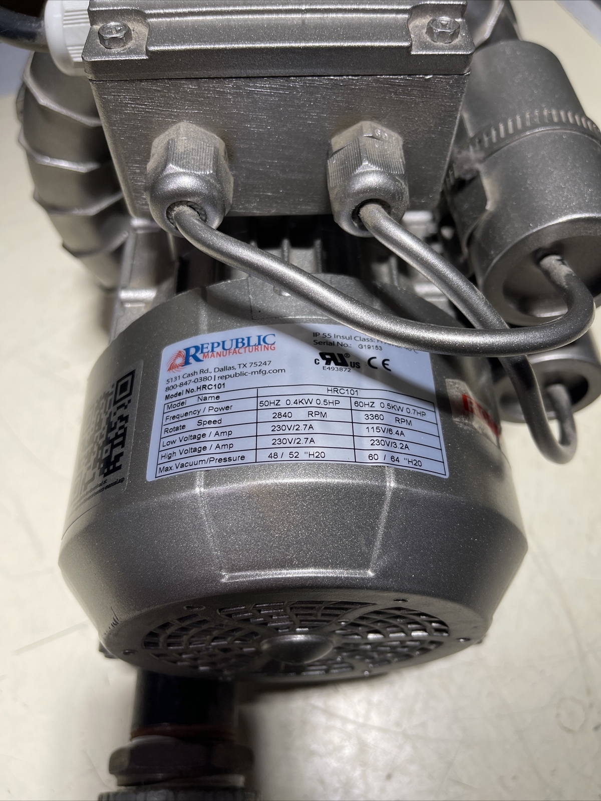 Republic HRC101 0.5kW 115-230V Vacuum Blower ~ Warranty