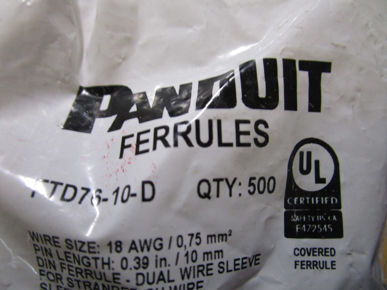 Panduit Ferrule, 18 AWG, PP, 9/16in QTY 500
