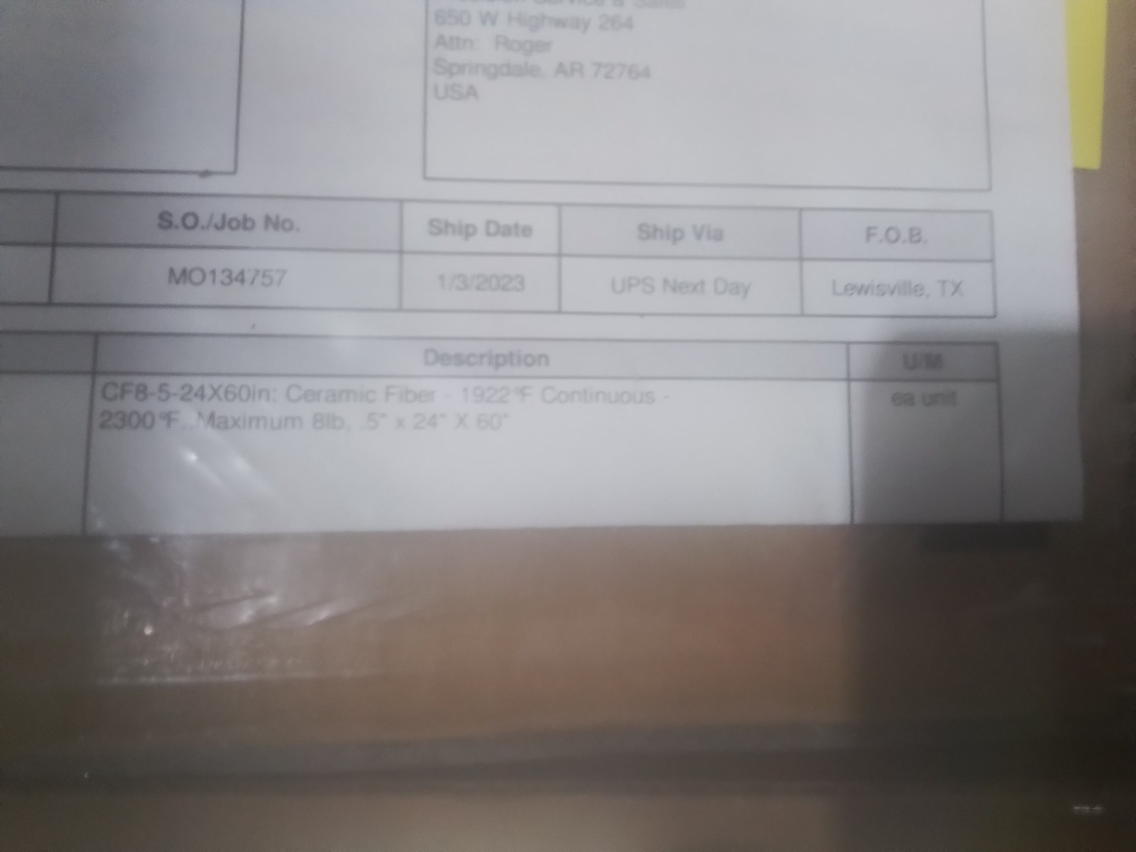 UNITHERM CF8-5-24X60in Ceramic Fiber (K8D)