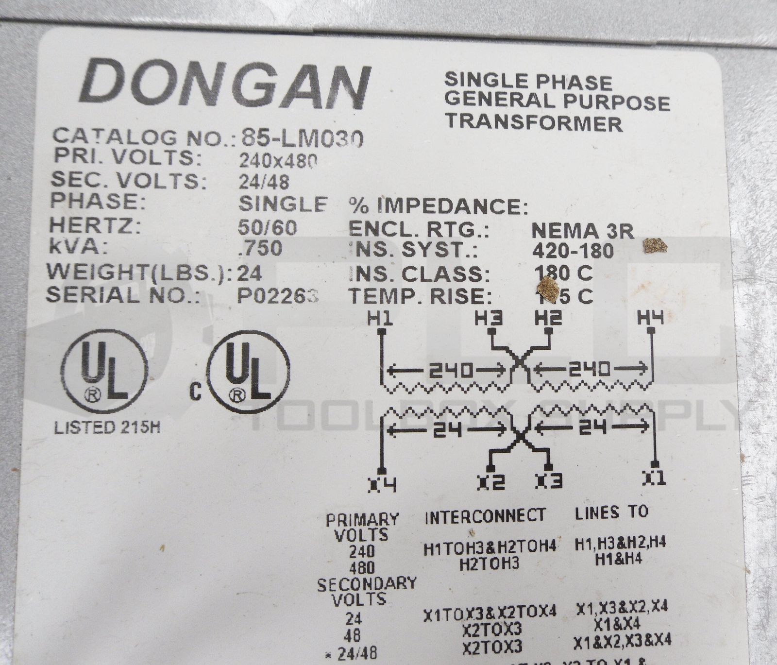 NEW DONGAN 85-LM030 SINGLE PHASE GENERAL PURPOSE TRANSFORMER 240-480V 50/60HZ